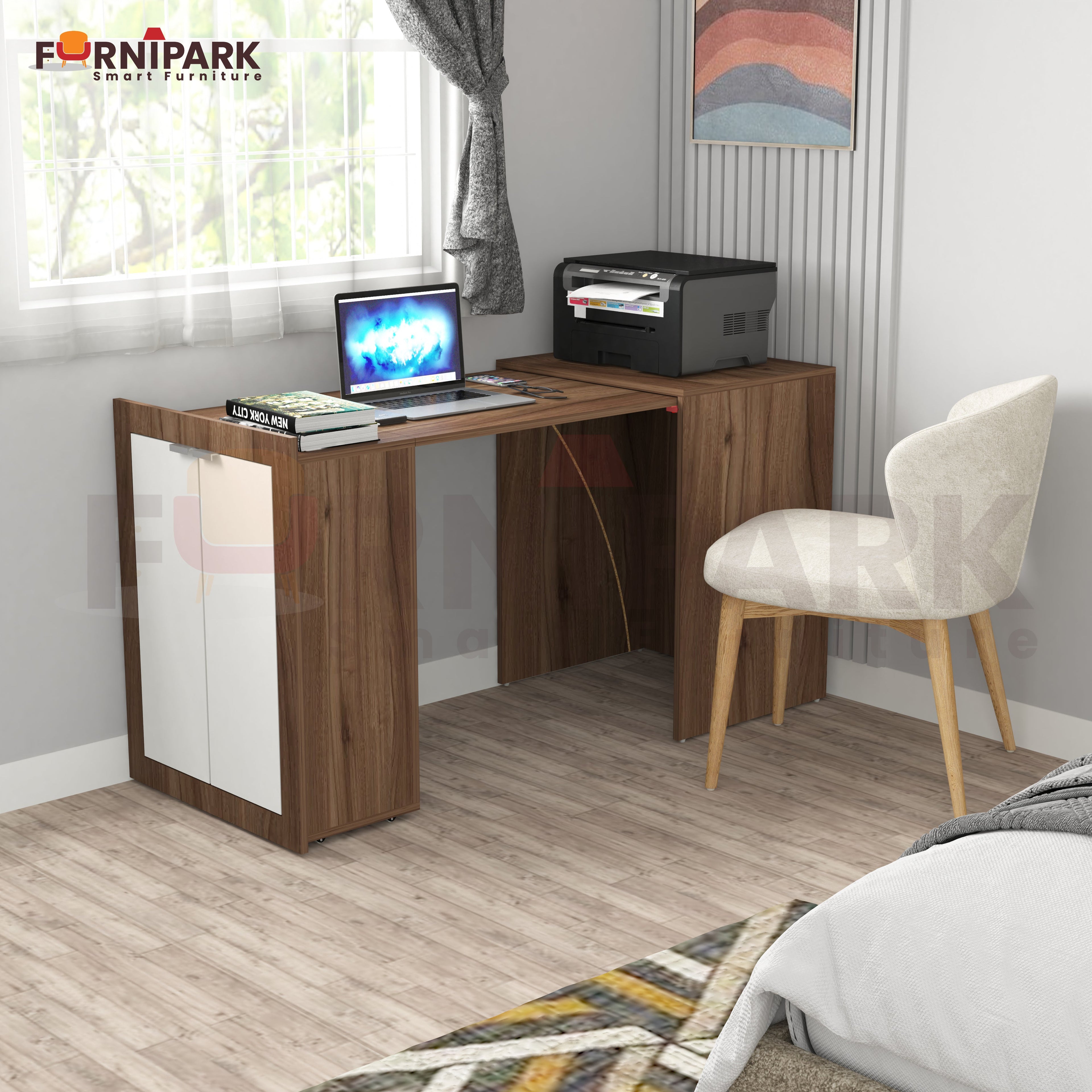 Expandable 2-in-1 Table with Book / File Cabinet (Leyon Walnut)