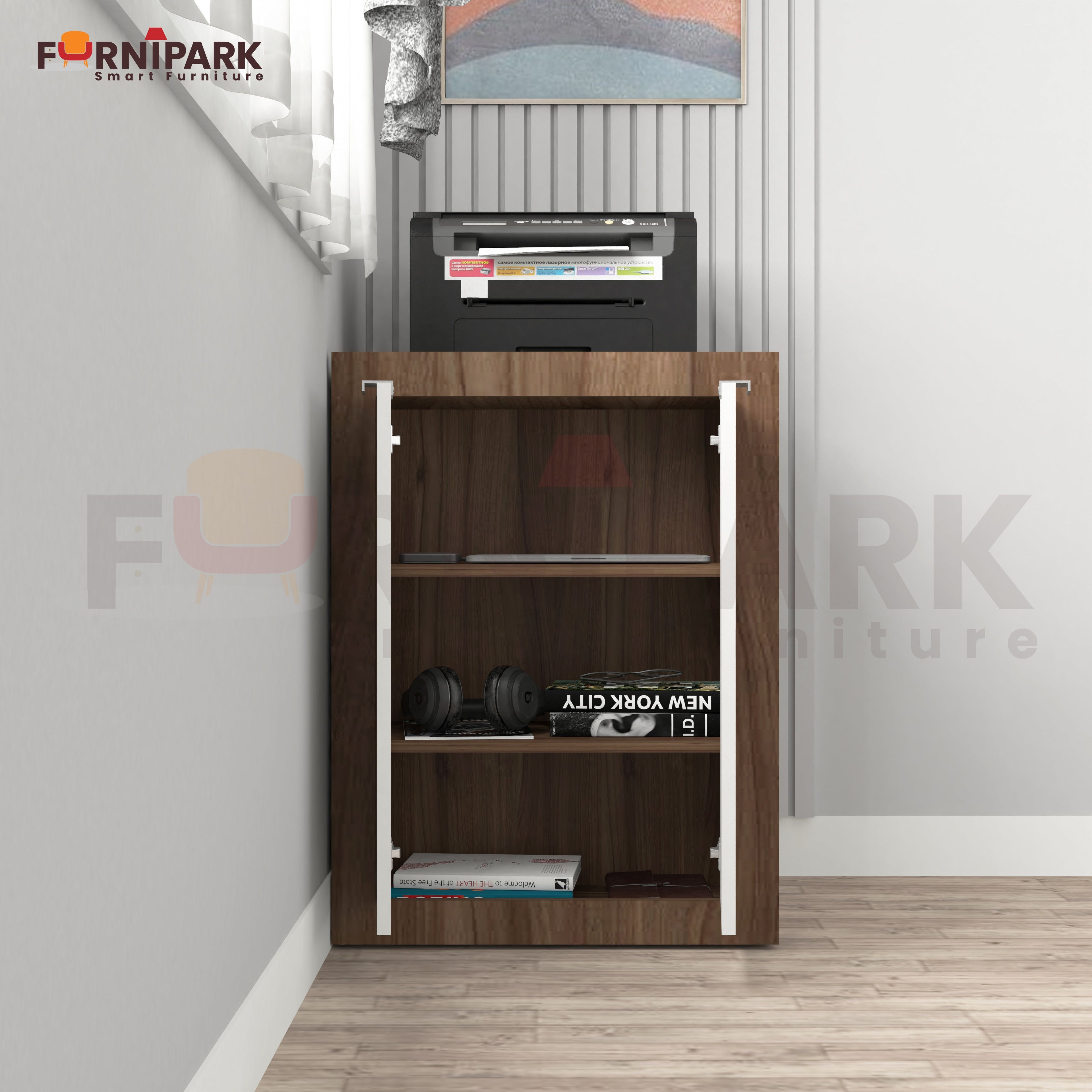 Expandable 2-in-1 Table with Book / File Cabinet (Leyon Walnut)
