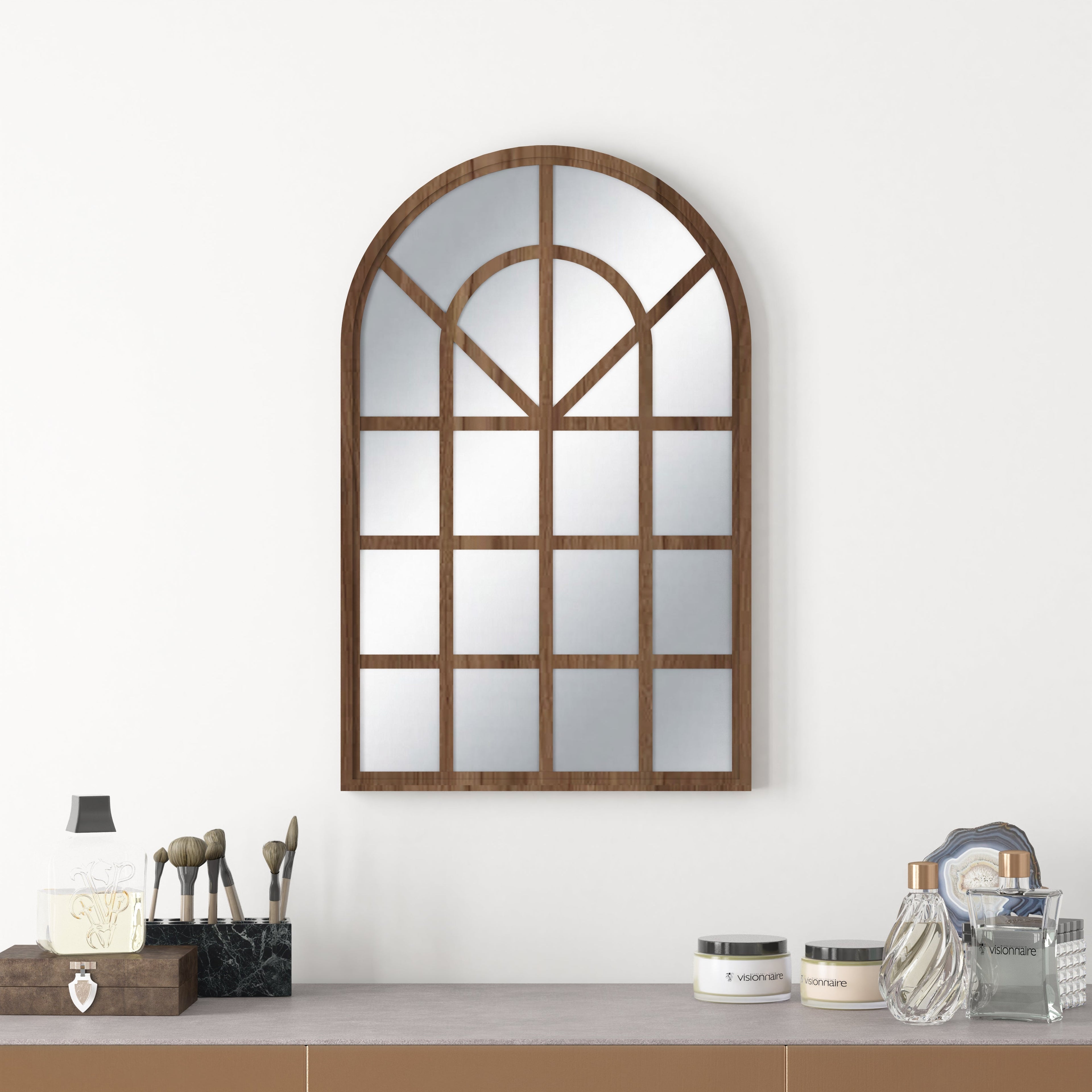 European Arch Motif Window Frame Decor Wall Mirror (Walnut)