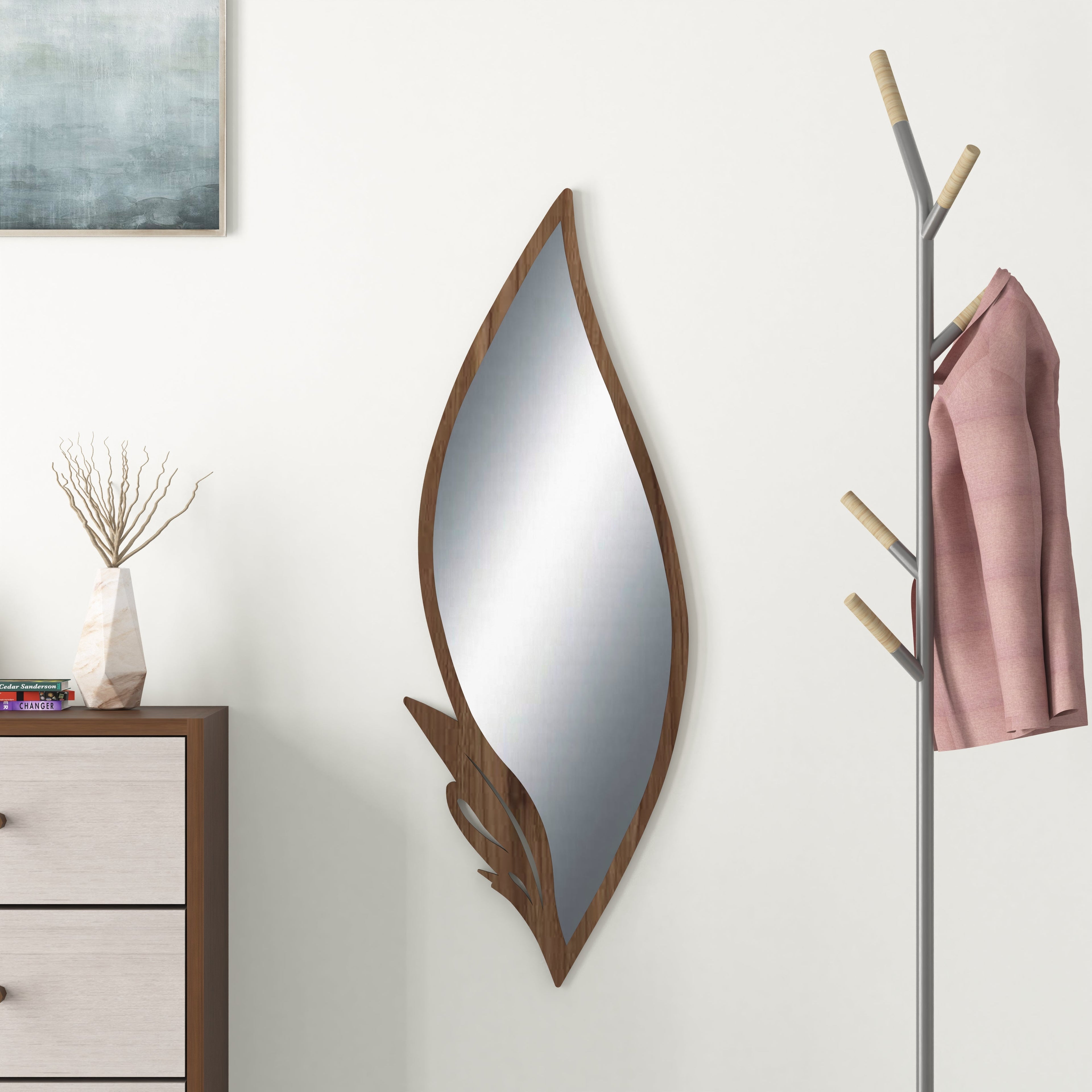 Slender Leaf Vanity Decor Wall Mirror (Walnut)