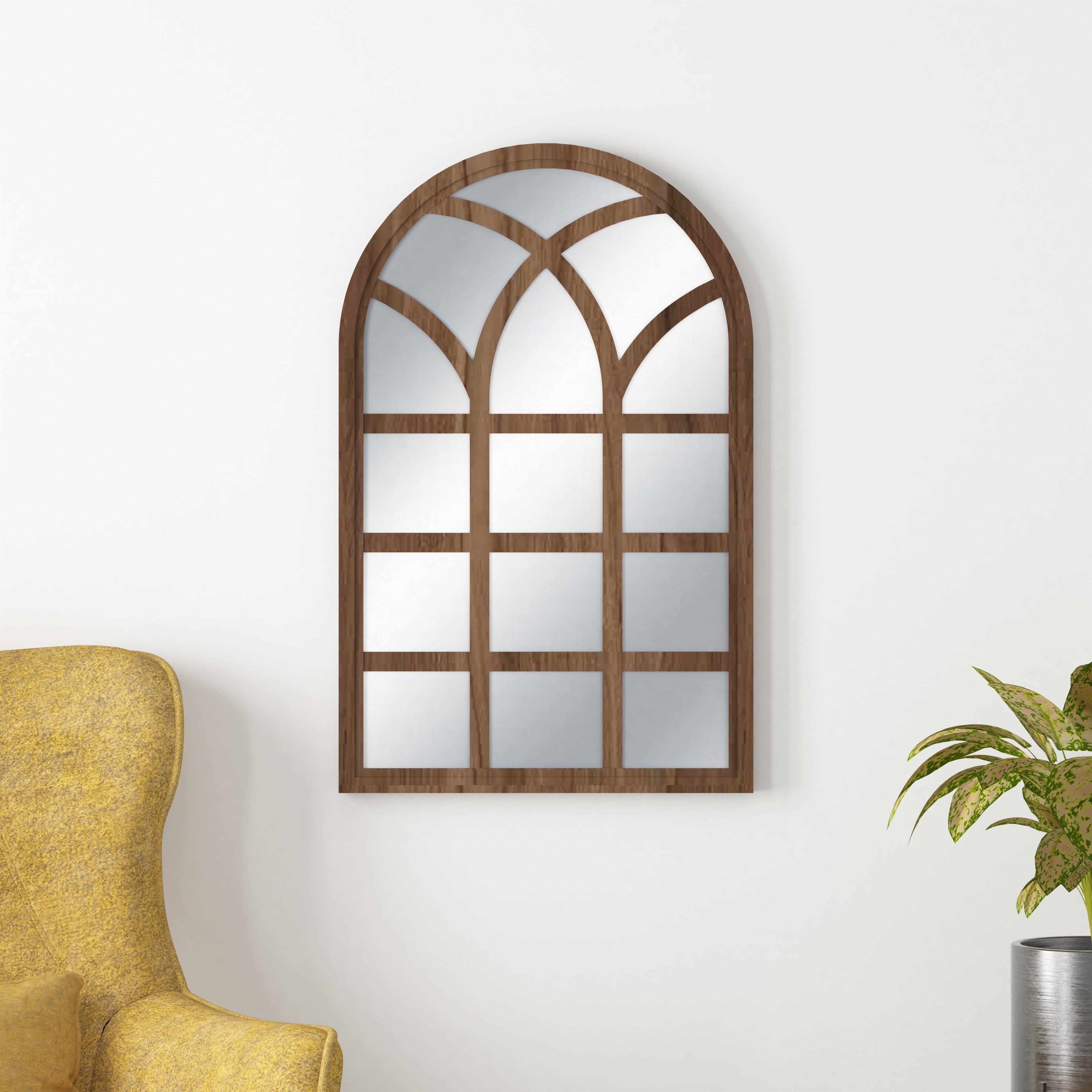 Arched Motif Window Frame Decor Wall Mirror (Walnut)