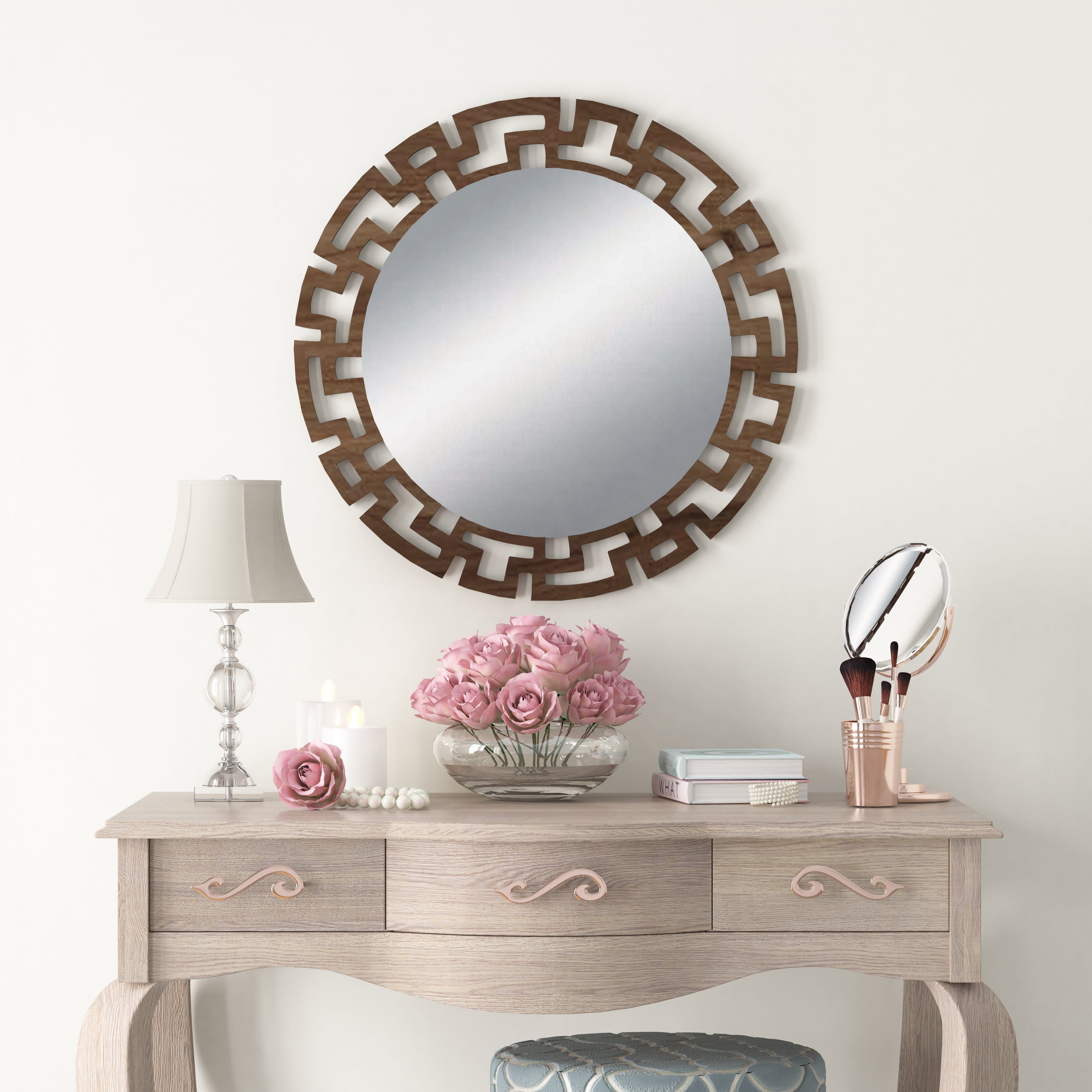 Geometric Designer Round Vanity Decor Wall Mirror (Walnut)
