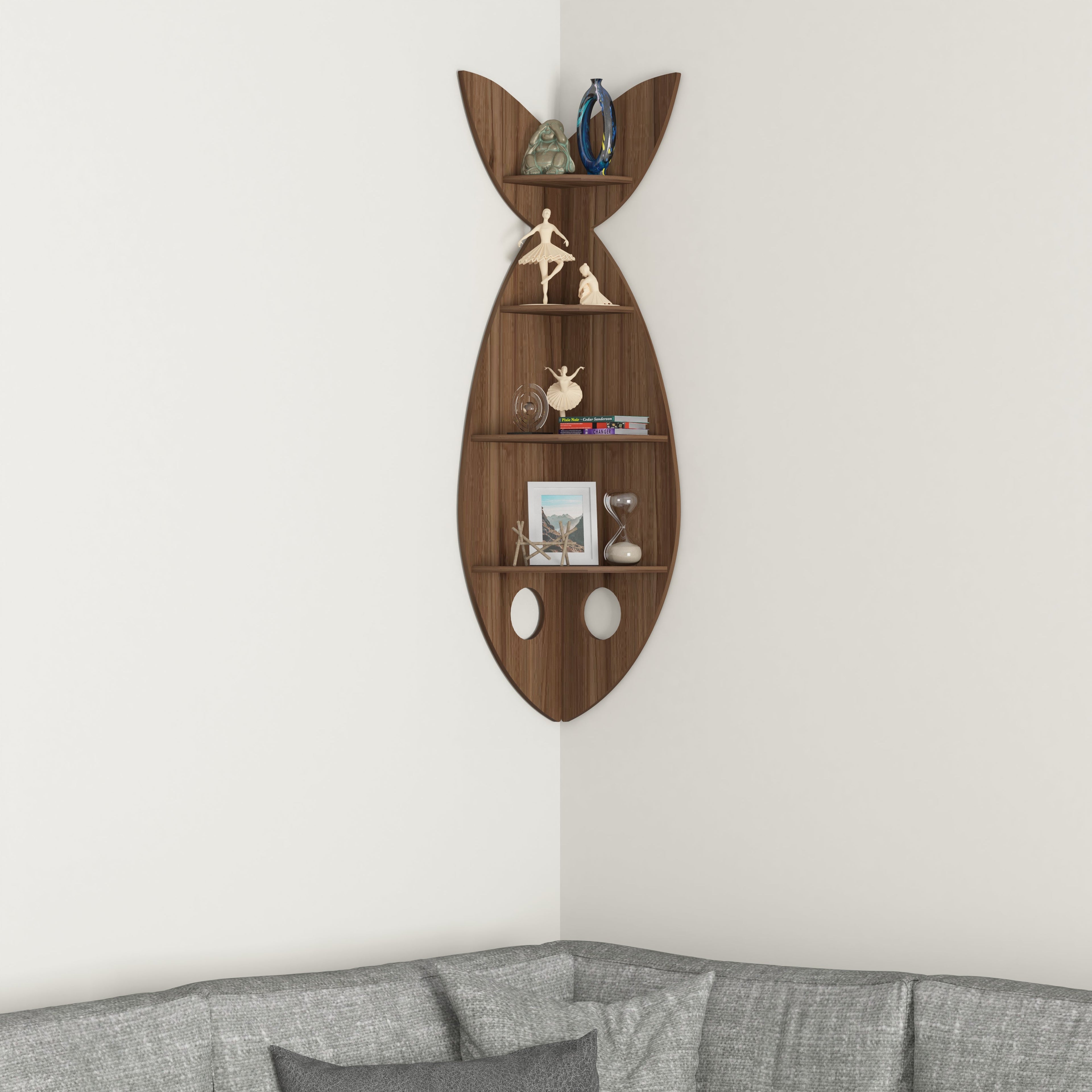 Fish Corner Decor Wall Shelf (Walnut)