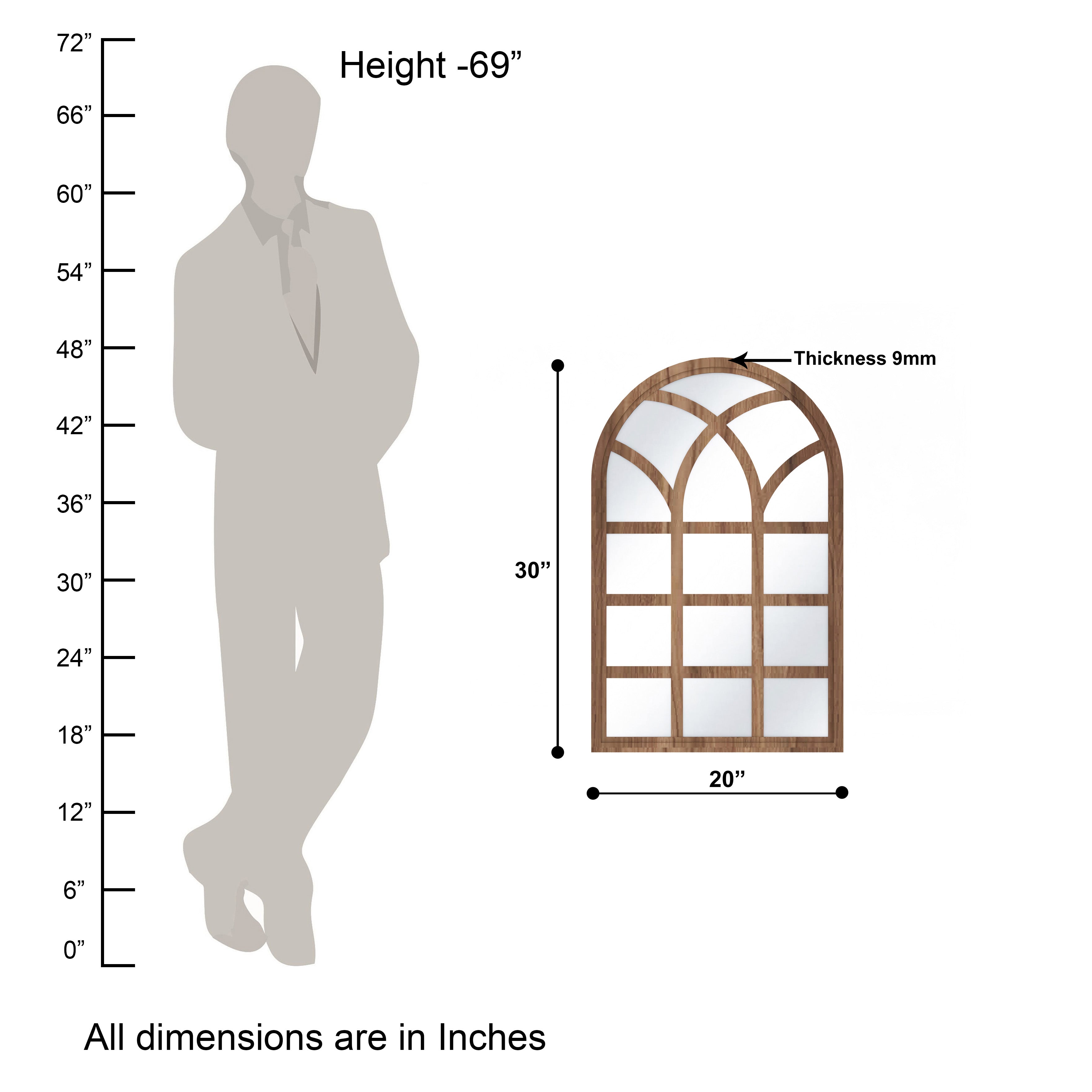 Arched Motif Window Frame Decor Wall Mirror (Walnut)