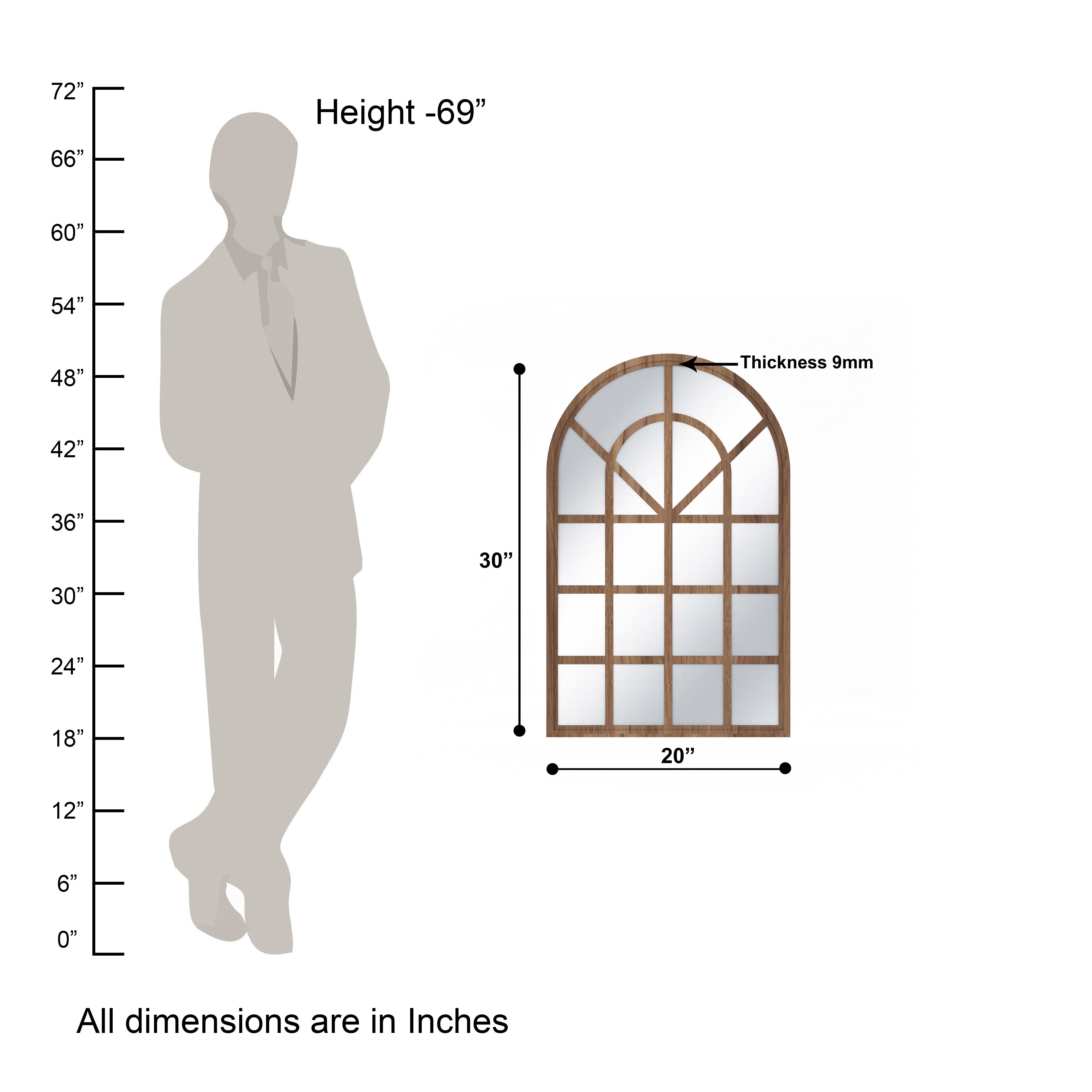European Arch Motif Window Frame Decor Wall Mirror (Walnut)