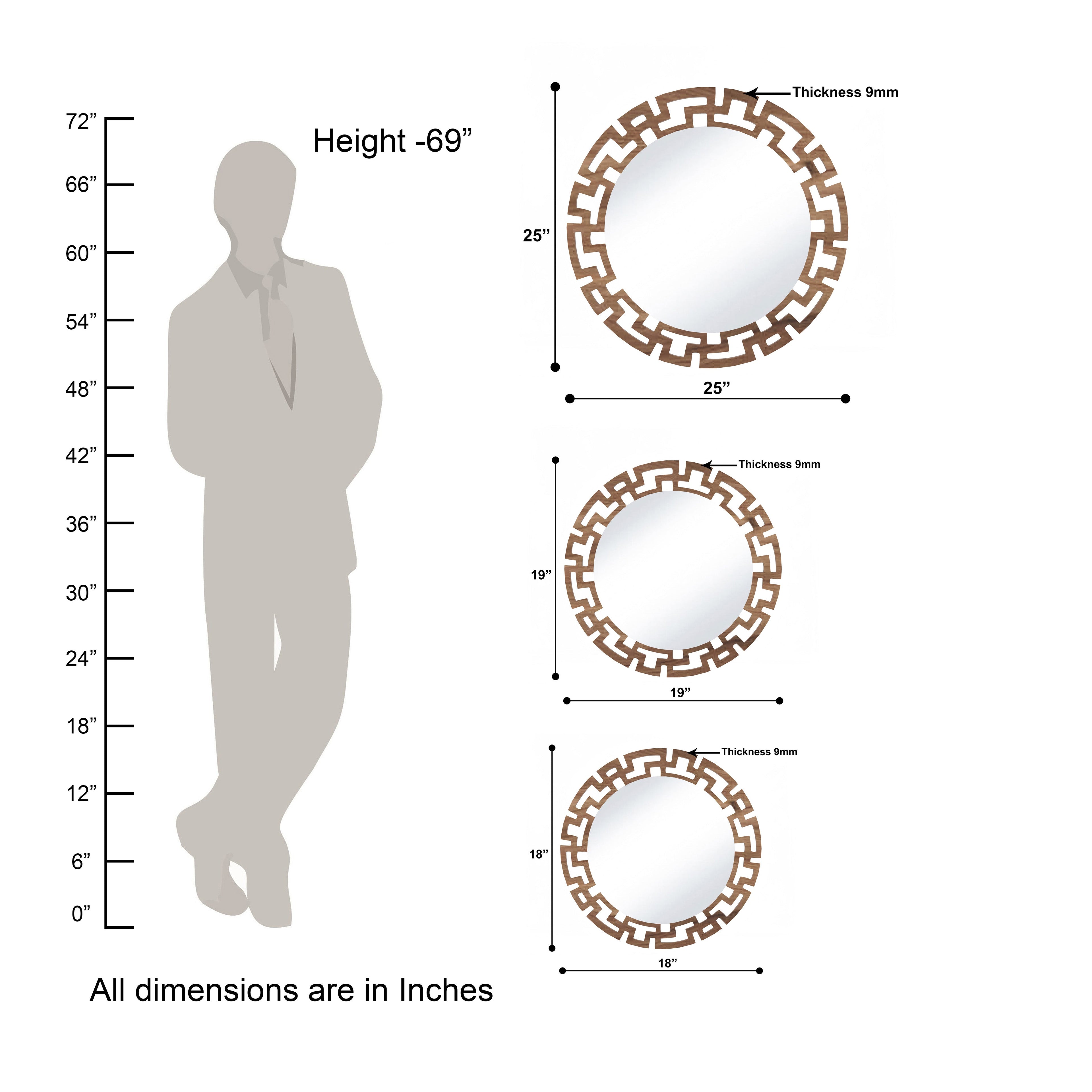 Geometric Designer Round Vanity Decor Wall Mirror (Walnut)