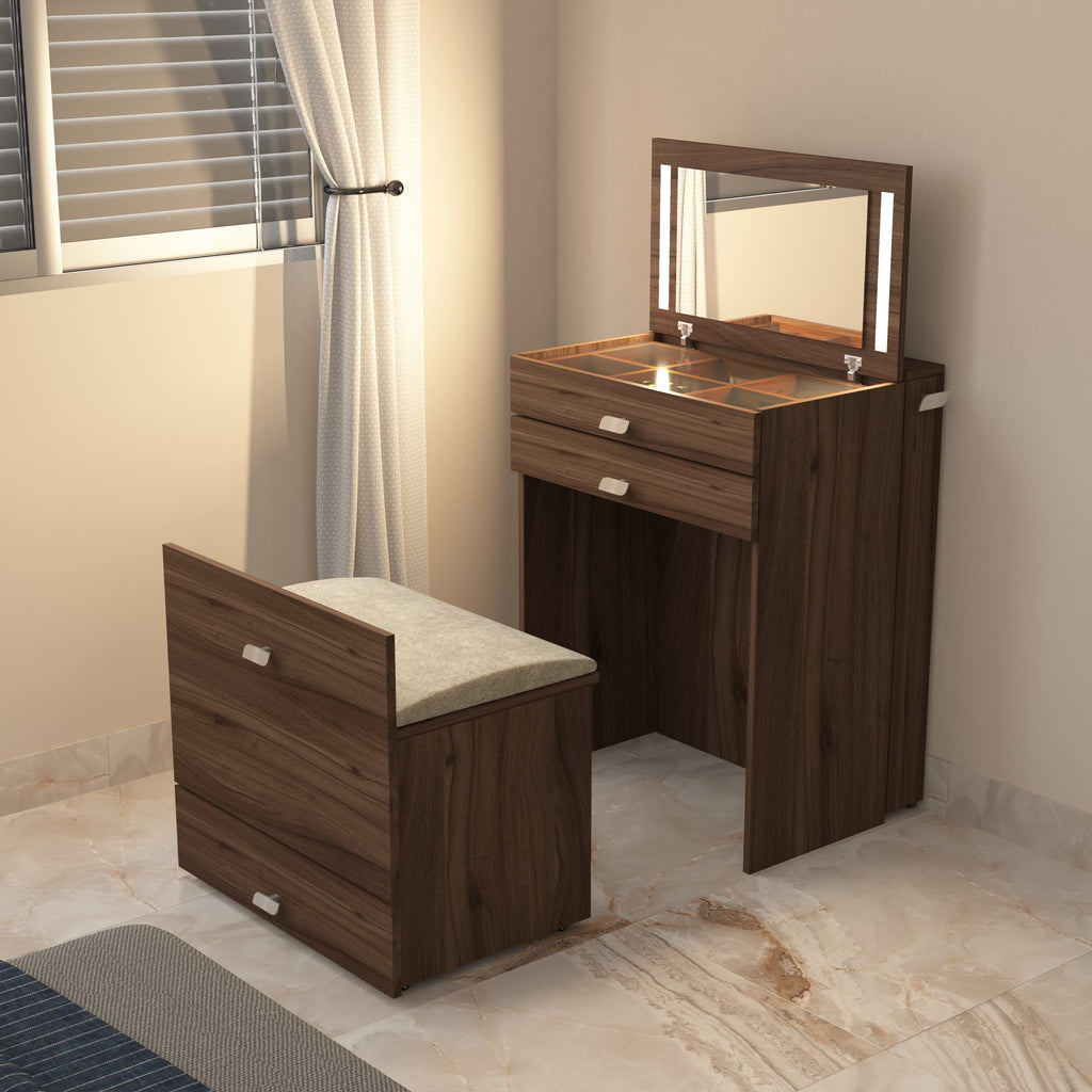 Wooden Vanity Table with Hidden Jewelry Storage, Drawers & Lift-Up Mirror (Leyon Walnut)