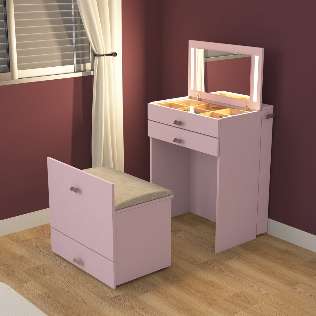 Wooden Vanity Table with Hidden Jewelry Storage, Drawers & Lift-Up Mirror (Pink)