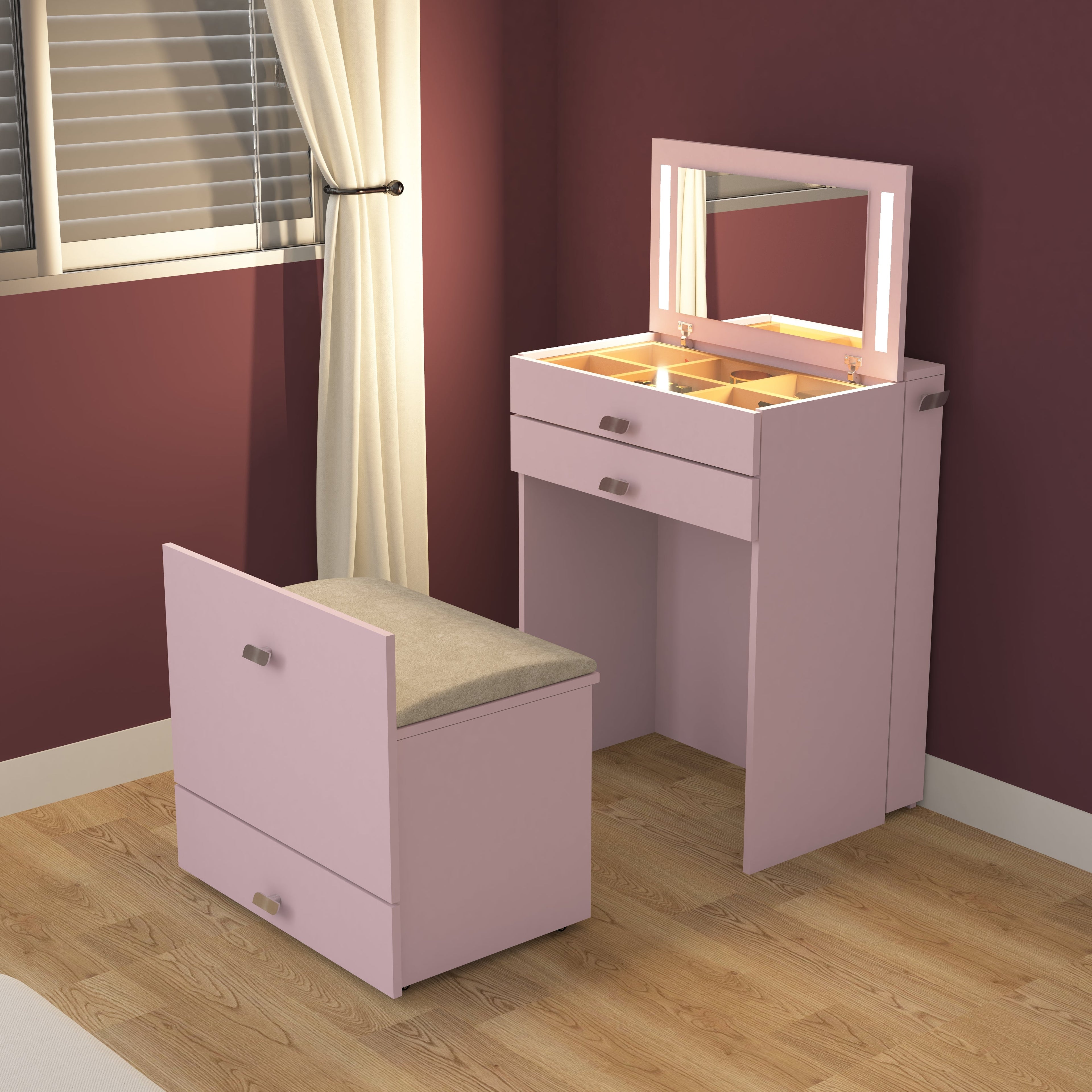 Wooden Vanity Table with Hidden Jewelry Storage, Drawers & Lift-Up Mirror (Pink)