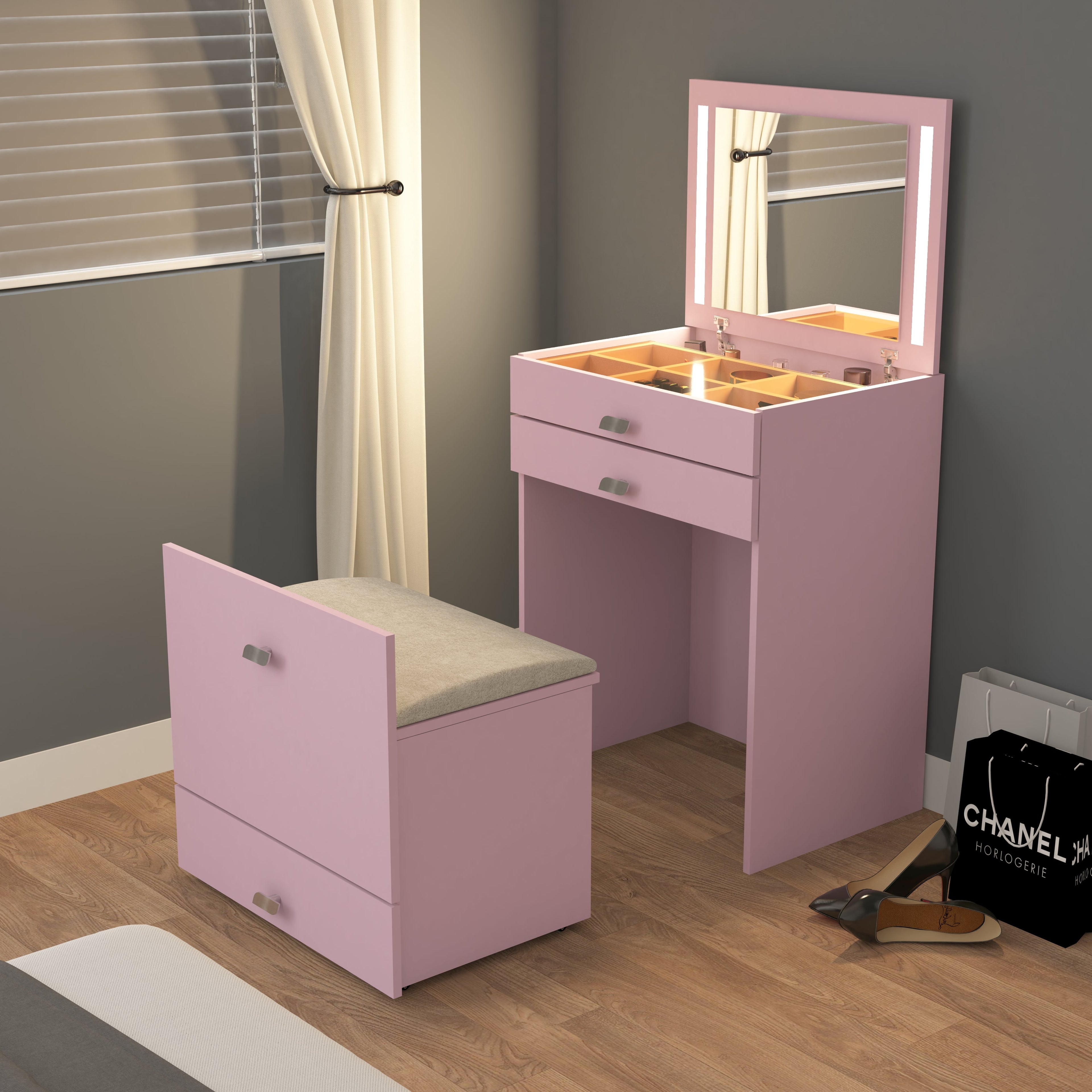 Modern Vanity Table with Hidden Jewelry Storage, Drawers & Lift-Up Mirror (Pink)