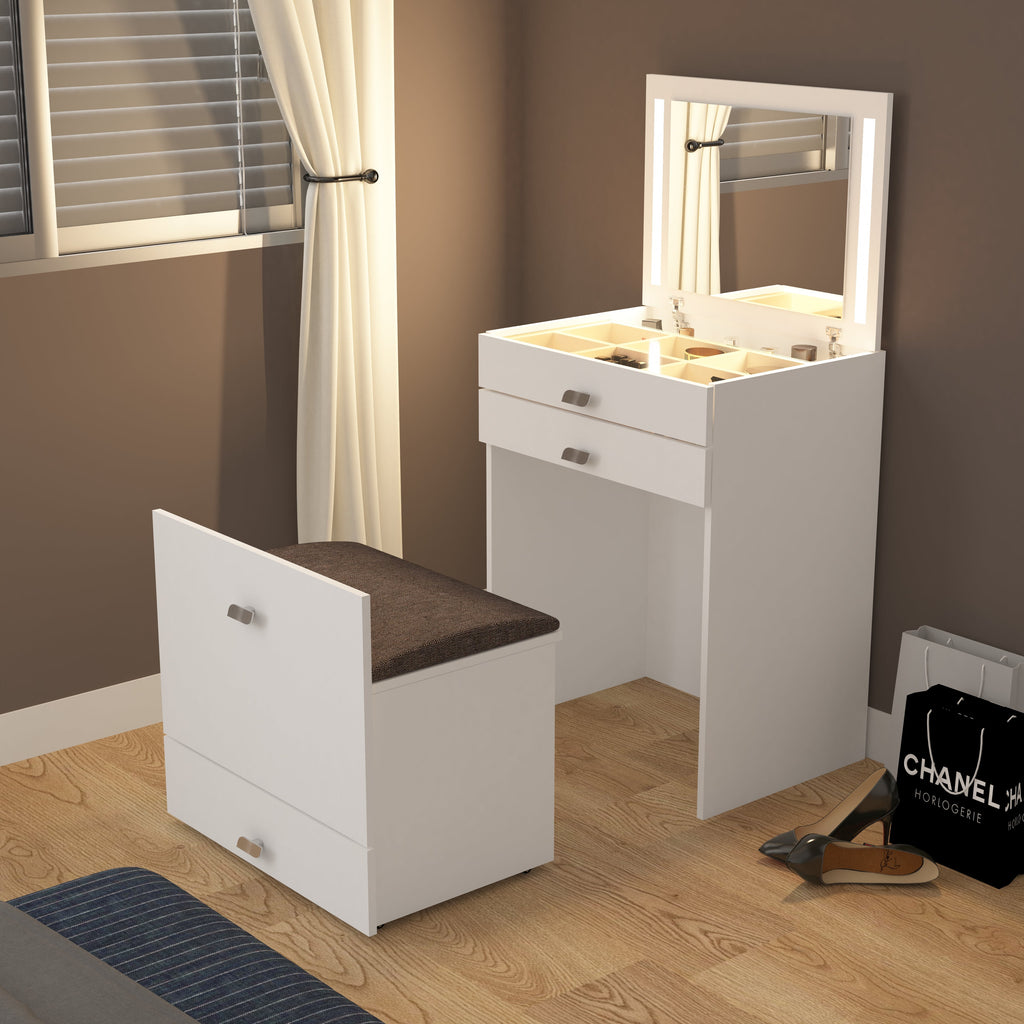 Modern Vanity Table with Hidden Jewelry Storage, Drawers & Lift-Up Mirror (White)