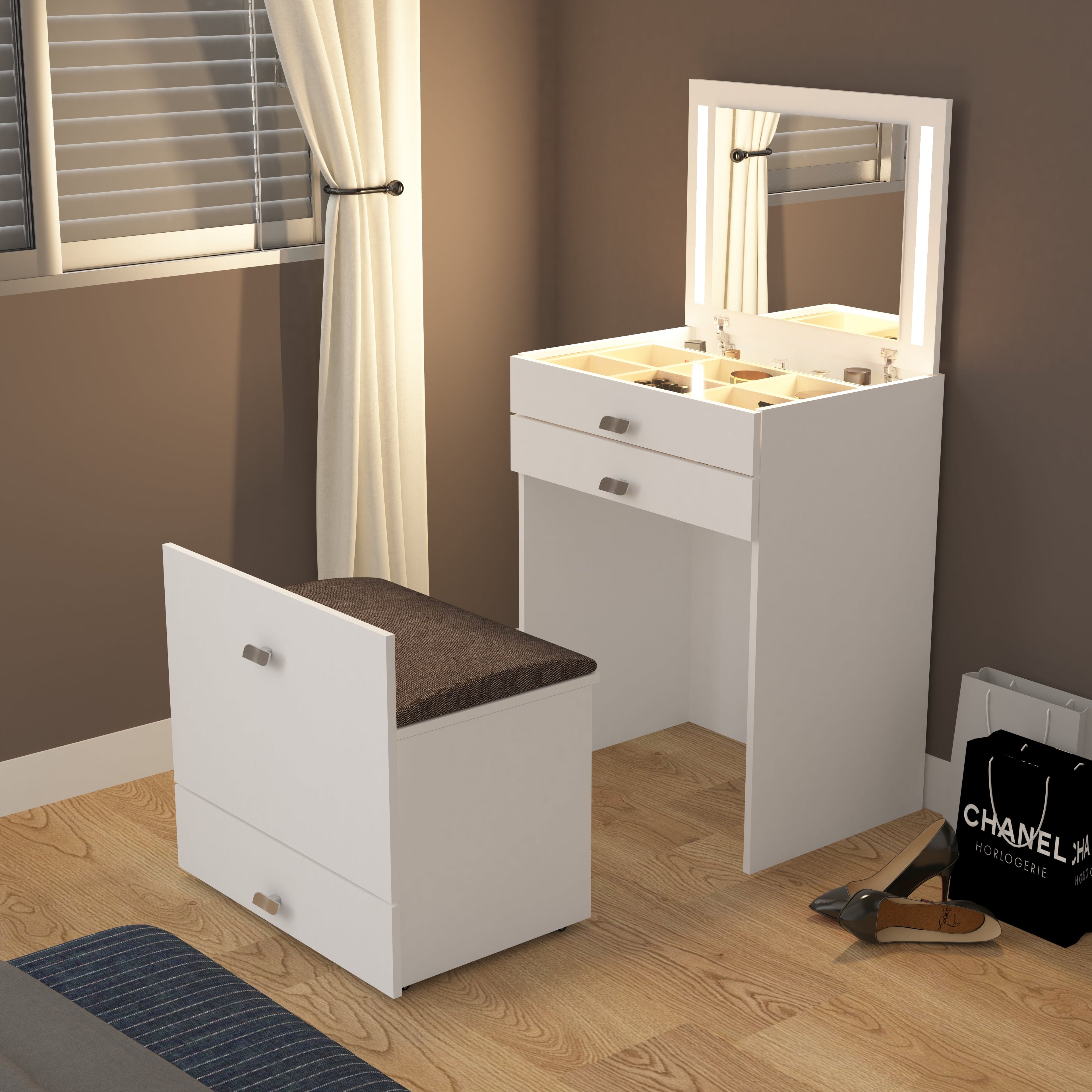 Modern Vanity Table with Hidden Jewelry Storage, Drawers & Lift-Up Mirror (White)