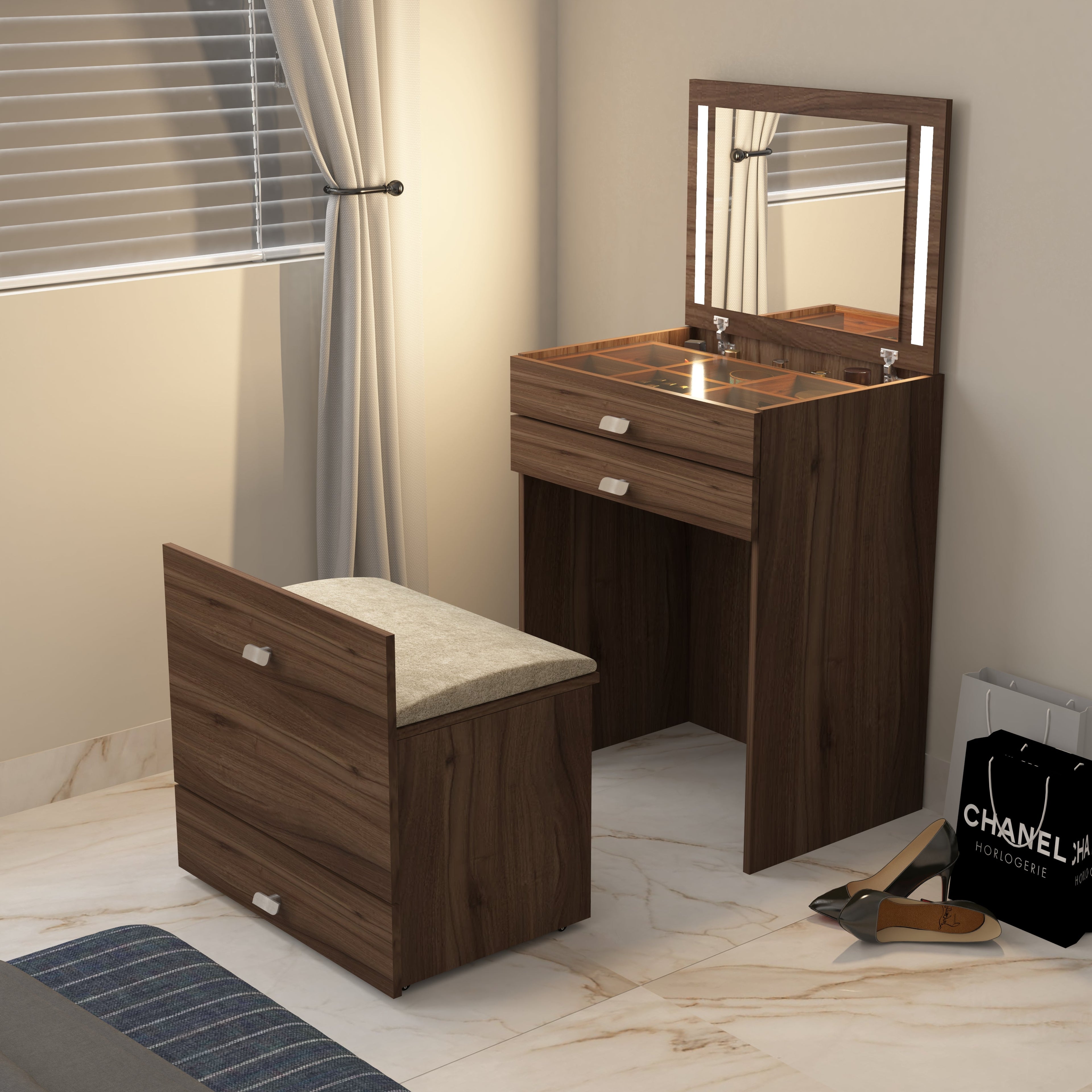 Modern Vanity Table with Hidden Jewelry Storage, Drawers & Lift-Up Mirror (Lyon Walnut)