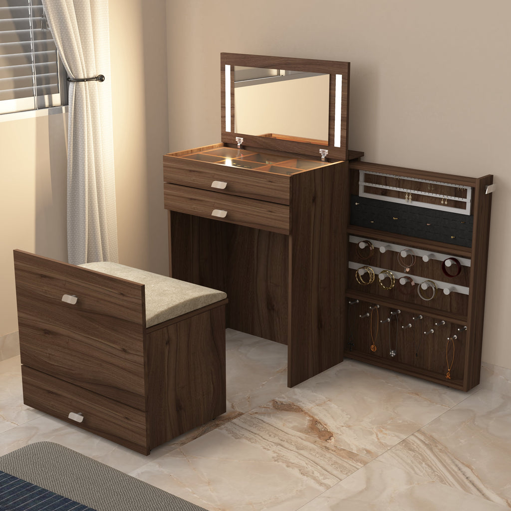 Wooden Vanity Table with Hidden Jewelry Storage, Drawers & Lift-Up Mirror (Leyon Walnut)