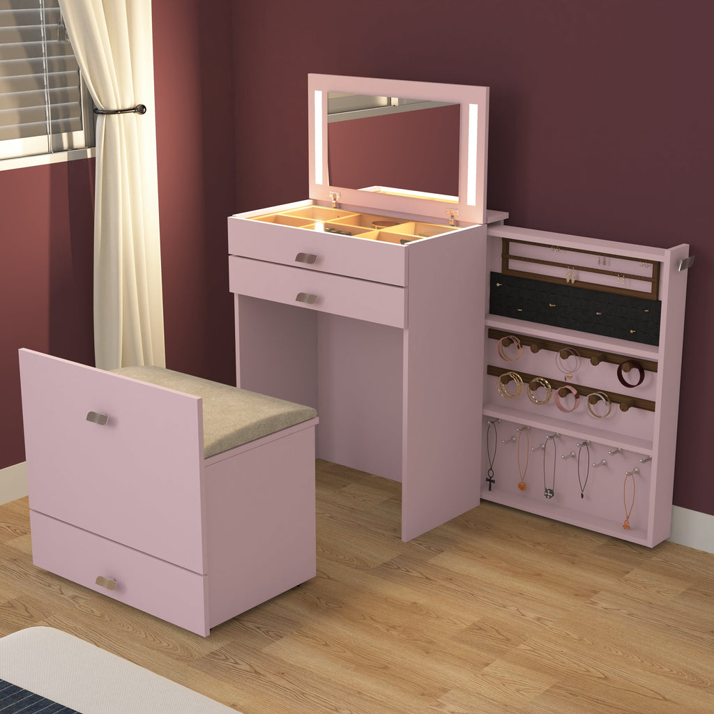 Wooden Vanity Table with Hidden Jewelry Storage, Drawers & Lift-Up Mirror (Pink)