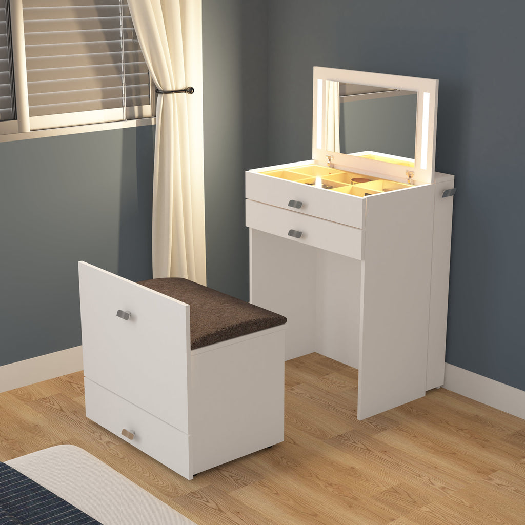 Wooden Vanity Table with Hidden Jewelry Storage, Drawers & Lift-Up Mirror (White)