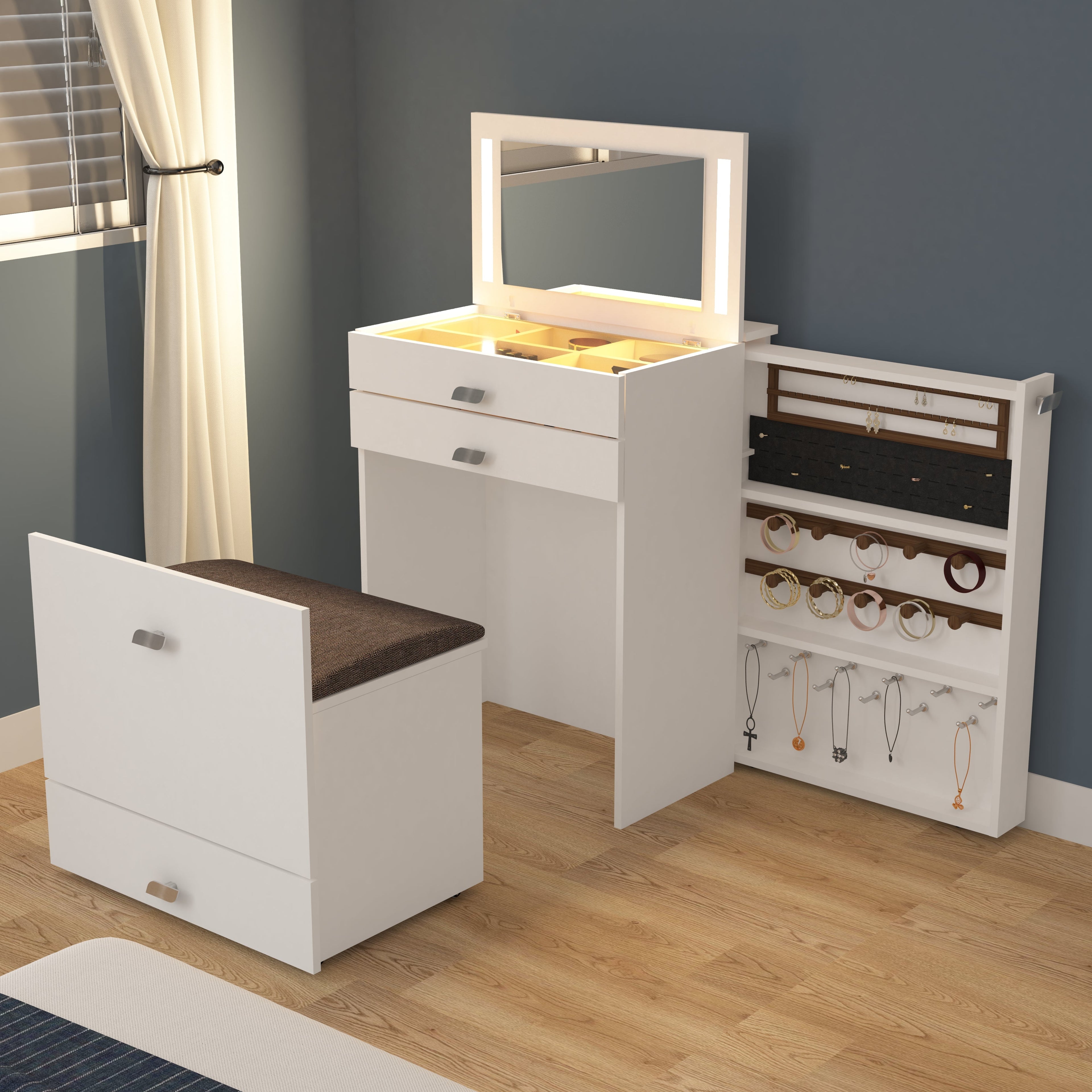 Wooden Vanity Table with Hidden Jewelry Storage, Drawers & Lift-Up Mirror (White)