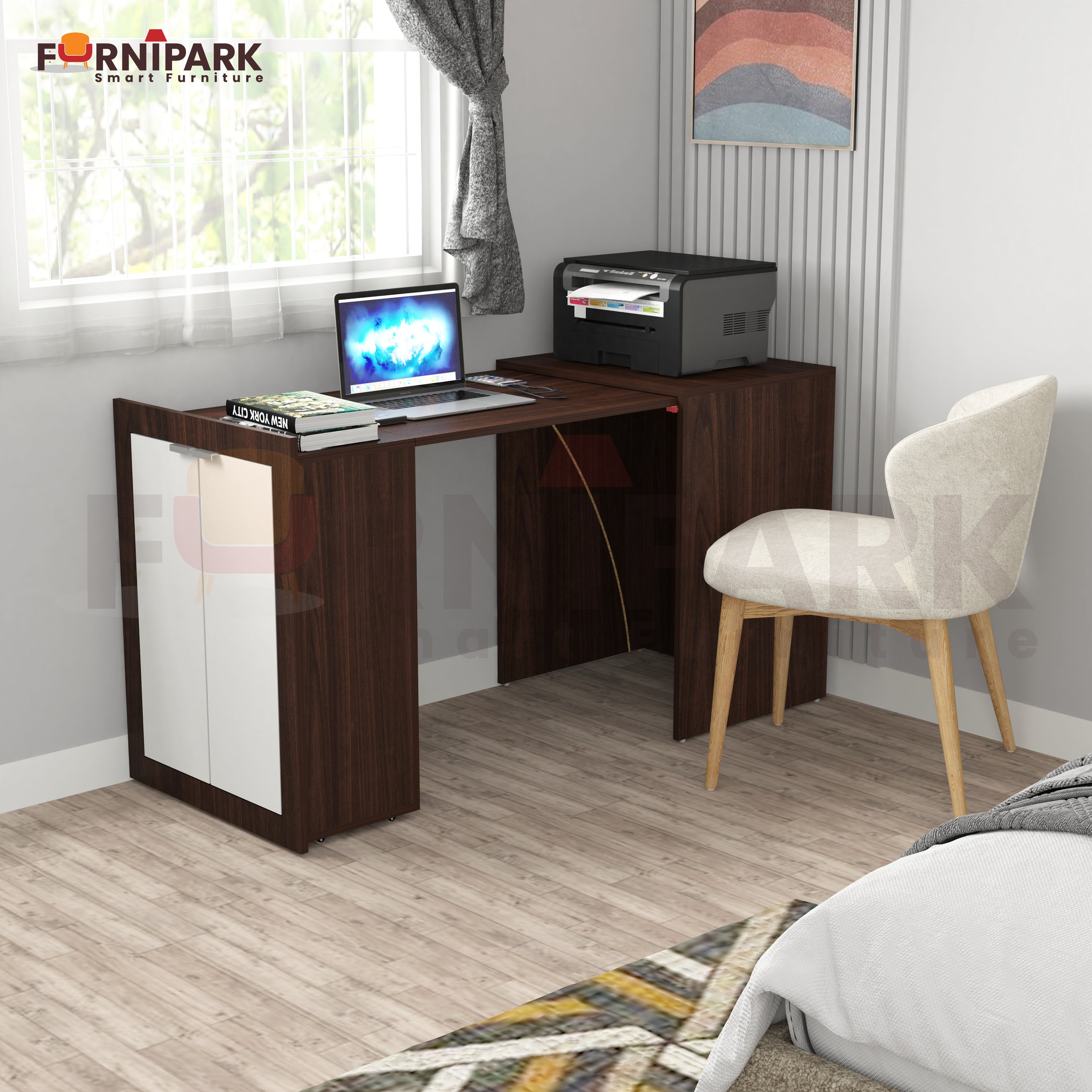 Expandable 2-in-1 Table with Book / File Cabinet (Redica Walnut)