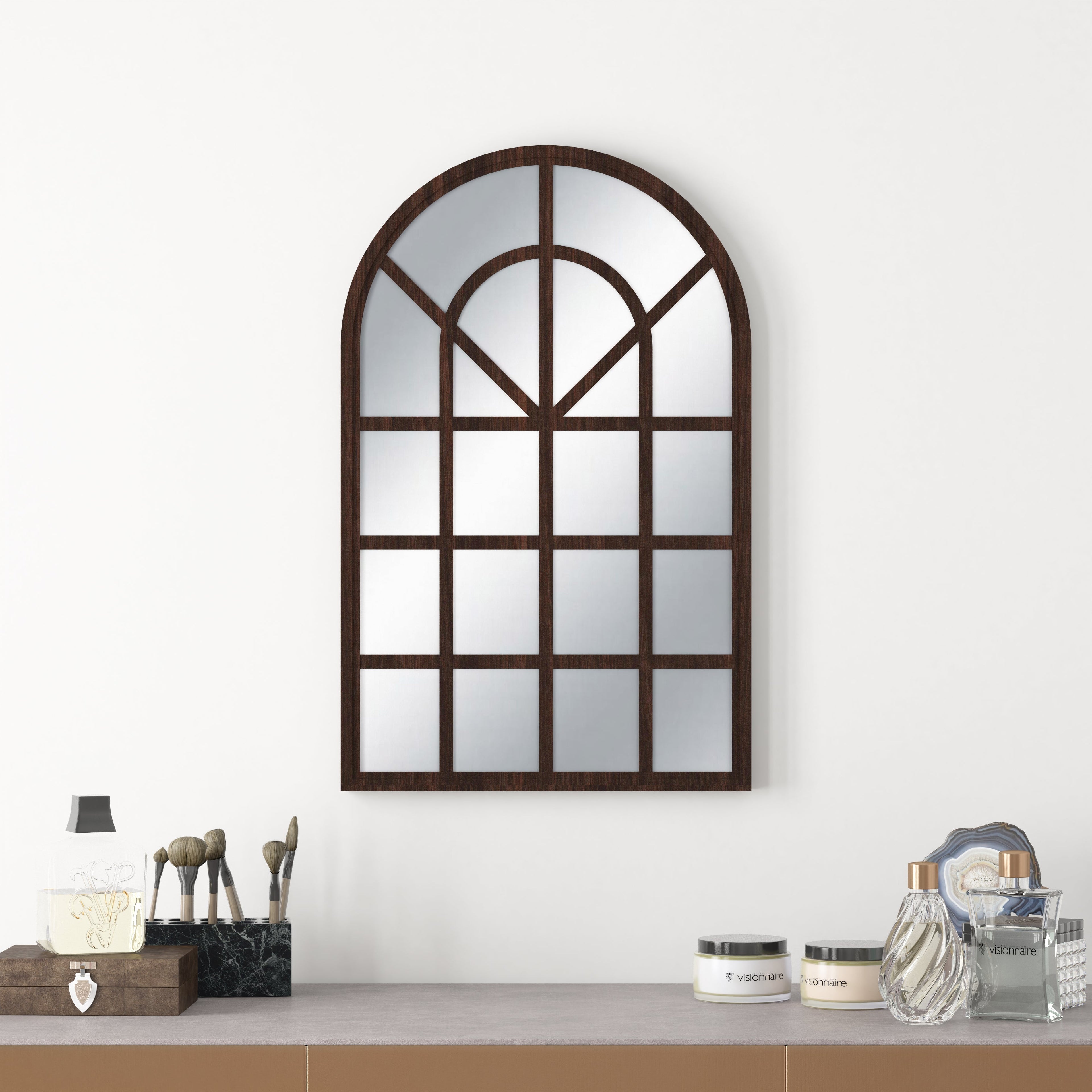 European Arch Motif Window Frame Decor Wall Mirror (Wenge)
