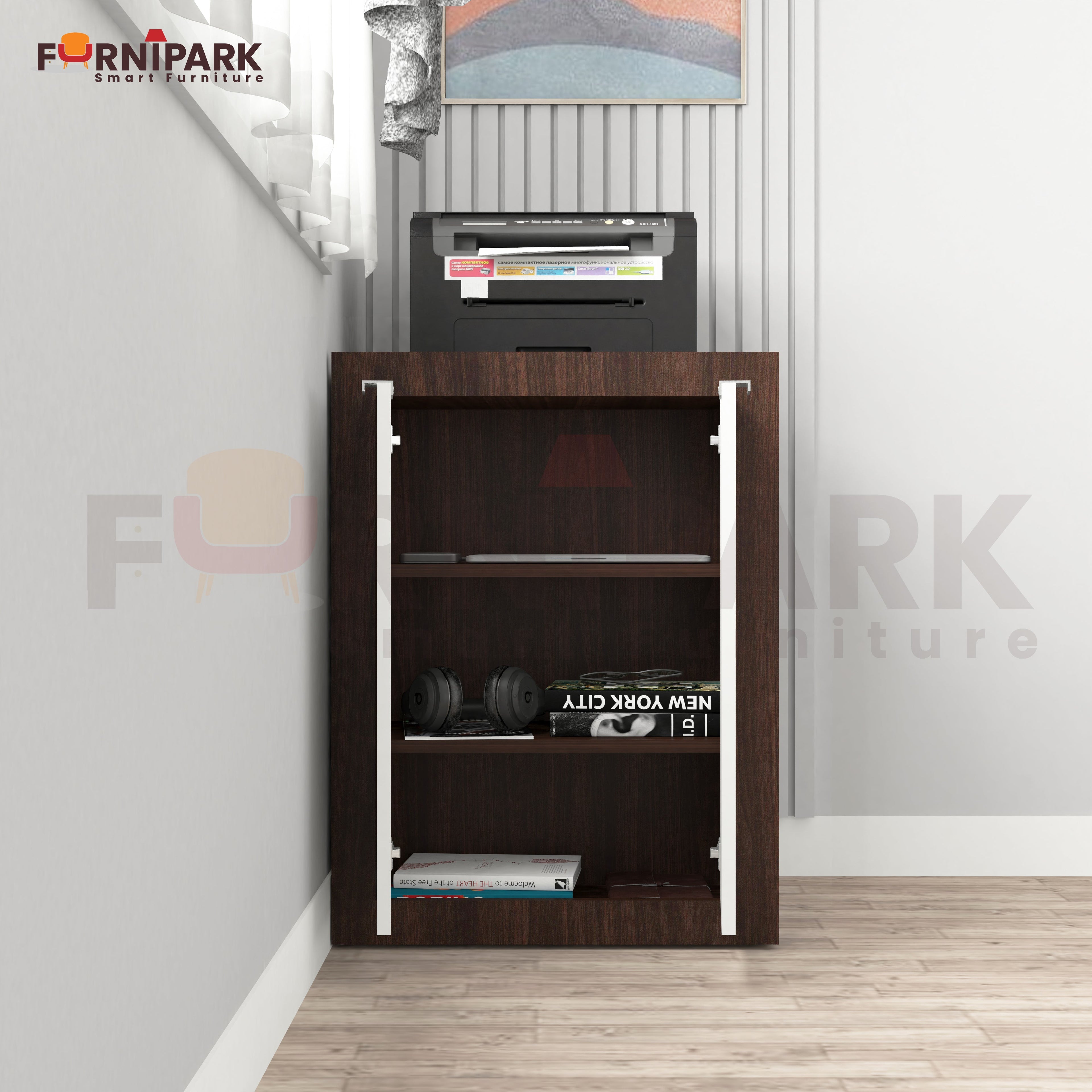 Expandable 2-in-1 Table with Book / File Cabinet (Redica Walnut)