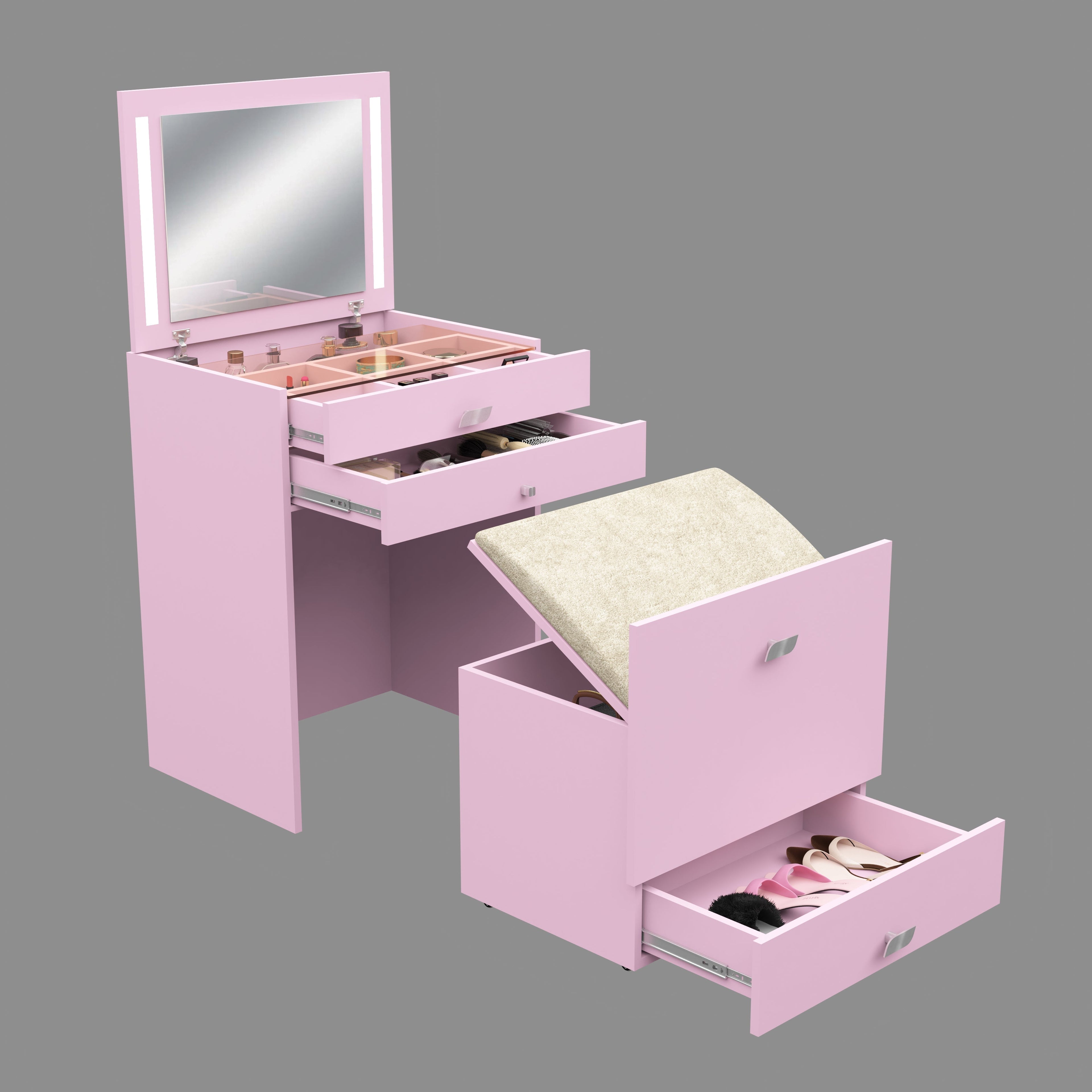 Modern Vanity Table with Hidden Jewelry Storage, Drawers & Lift-Up Mirror (Pink)