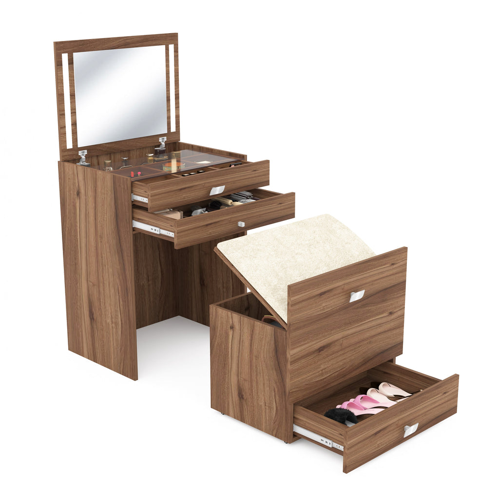 Modern Vanity Table with Hidden Jewelry Storage, Drawers & Lift-Up Mirror (Lyon Walnut)