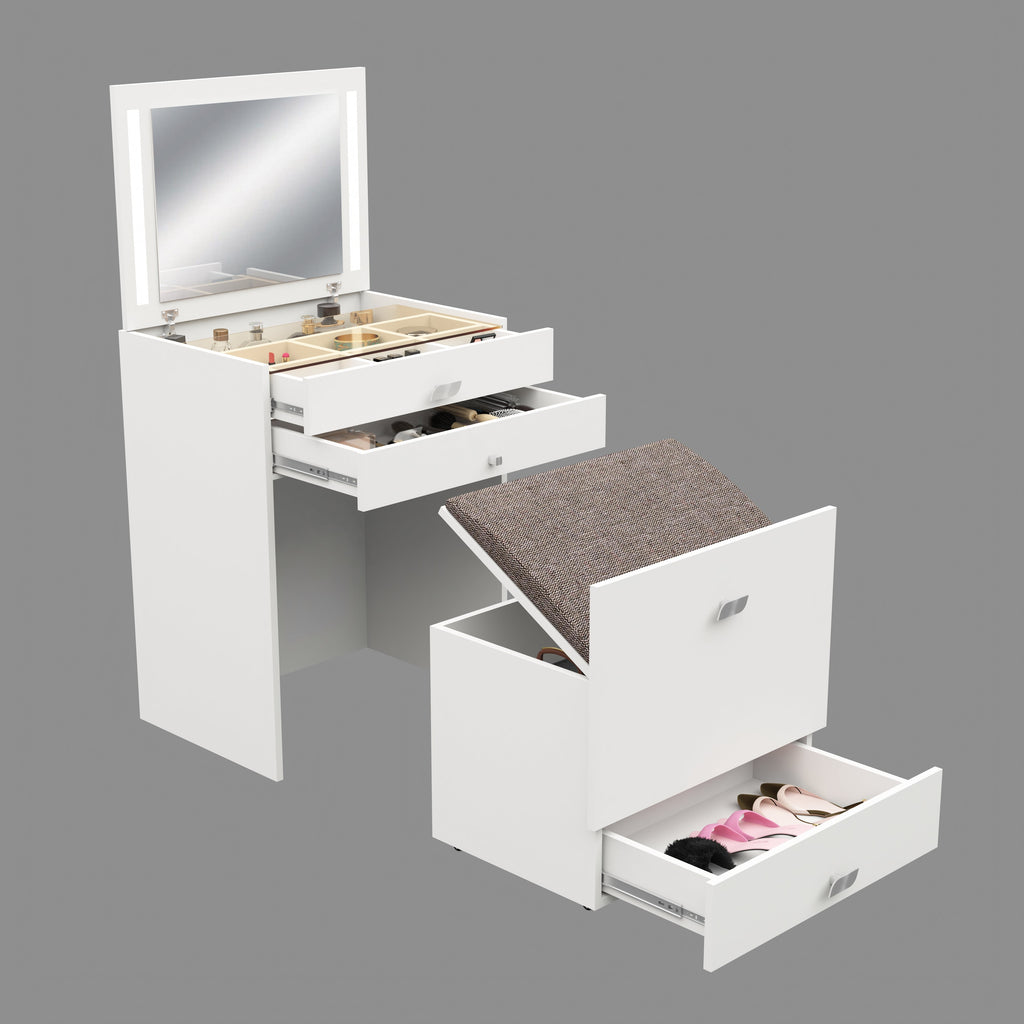 Modern Vanity Table with Hidden Jewelry Storage, Drawers & Lift-Up Mirror (White)