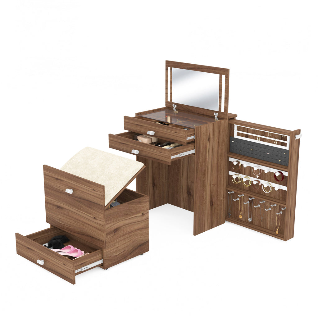 Wooden Vanity Table with Hidden Jewelry Storage, Drawers & Lift-Up Mirror (Leyon Walnut)