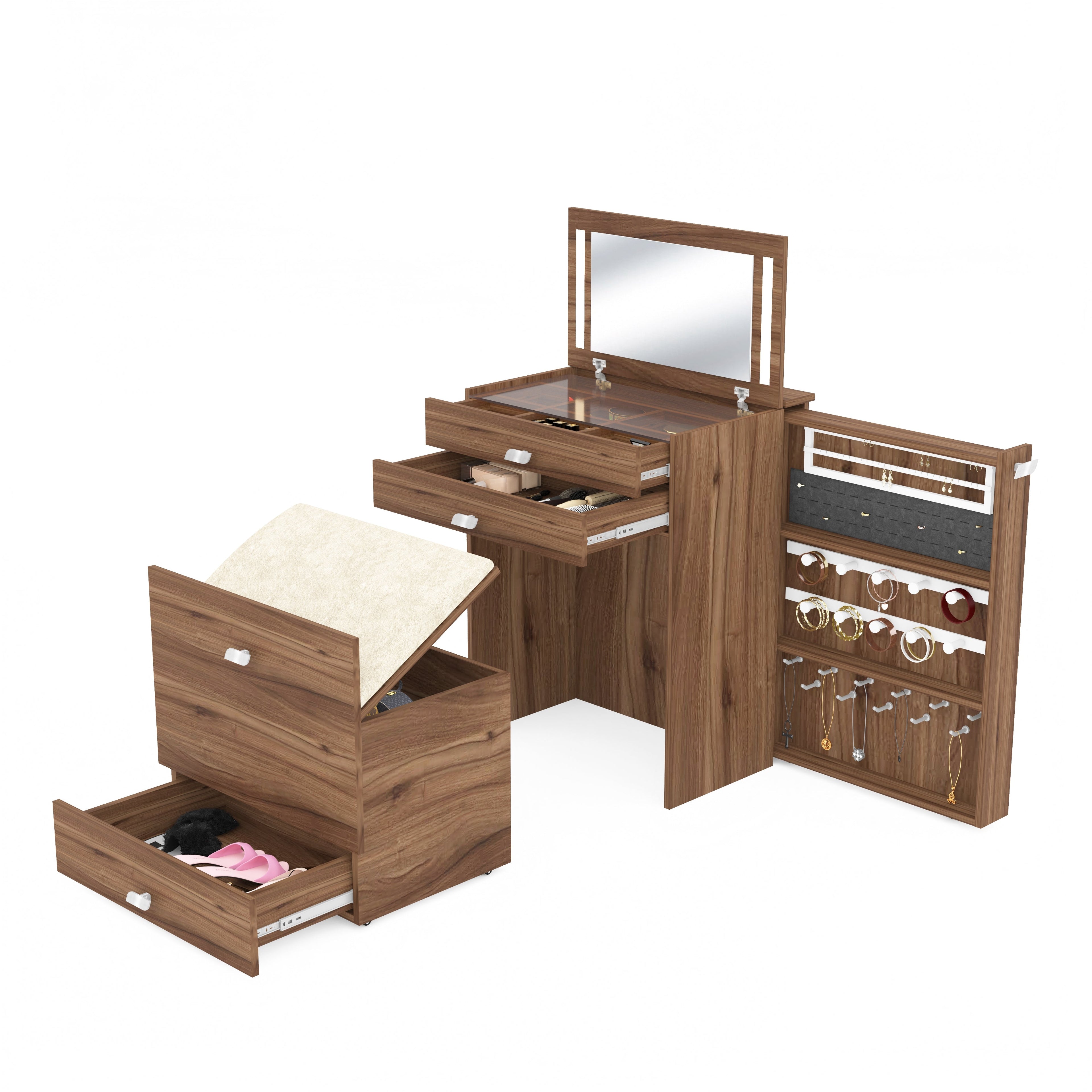 Wooden Vanity Table with Hidden Jewelry Storage, Drawers & Lift-Up Mirror (Leyon Walnut)