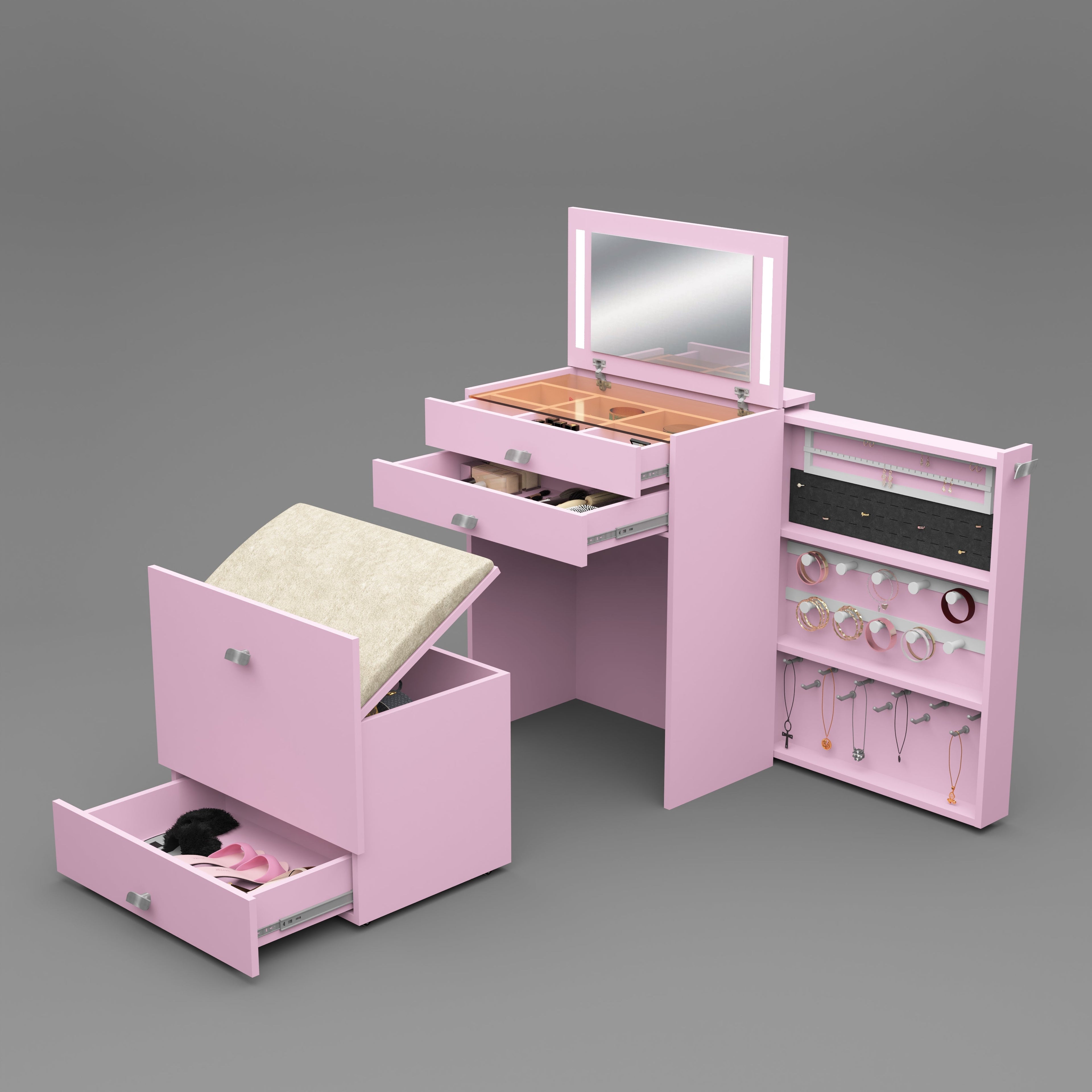 Wooden Vanity Table with Hidden Jewelry Storage, Drawers & Lift-Up Mirror (Pink)