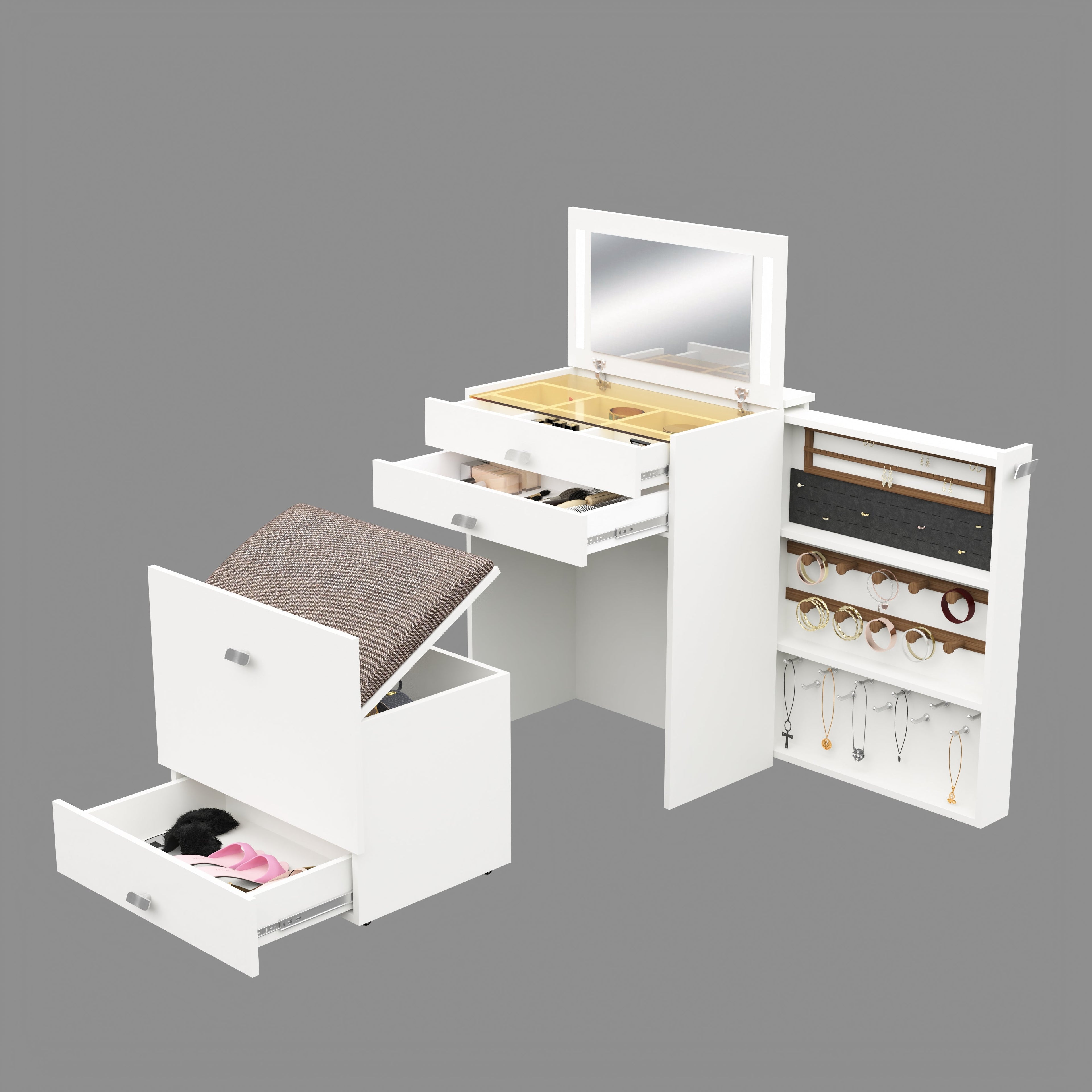 Wooden Vanity Table with Hidden Jewelry Storage, Drawers & Lift-Up Mirror (White)