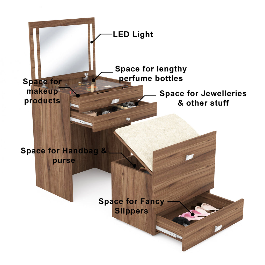 Modern Vanity Table with Hidden Jewelry Storage, Drawers & Lift-Up Mirror (Lyon Walnut)