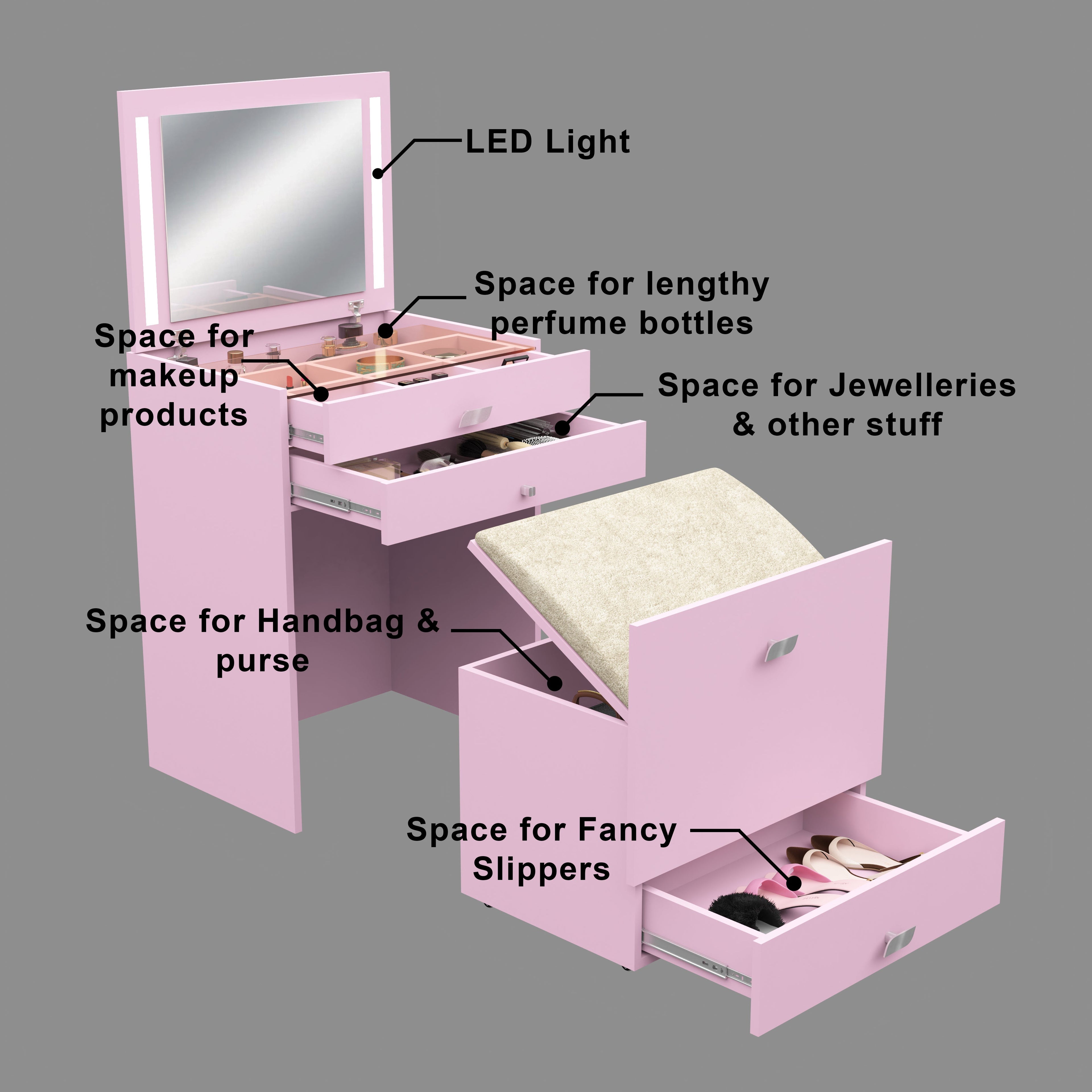 Modern Vanity Table with Hidden Jewelry Storage, Drawers & Lift-Up Mirror (Pink)