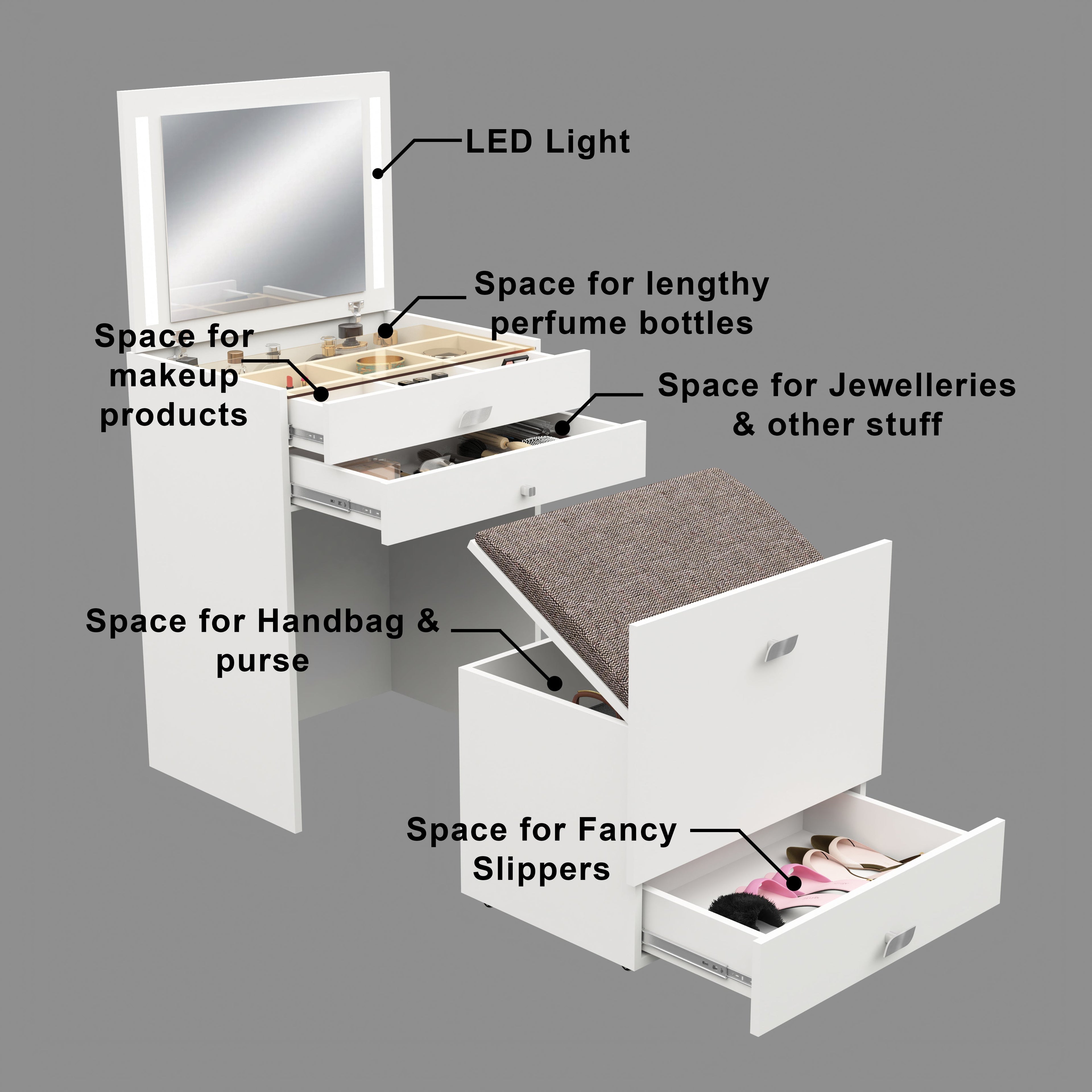 Modern Vanity Table with Hidden Jewelry Storage, Drawers & Lift-Up Mirror (White)