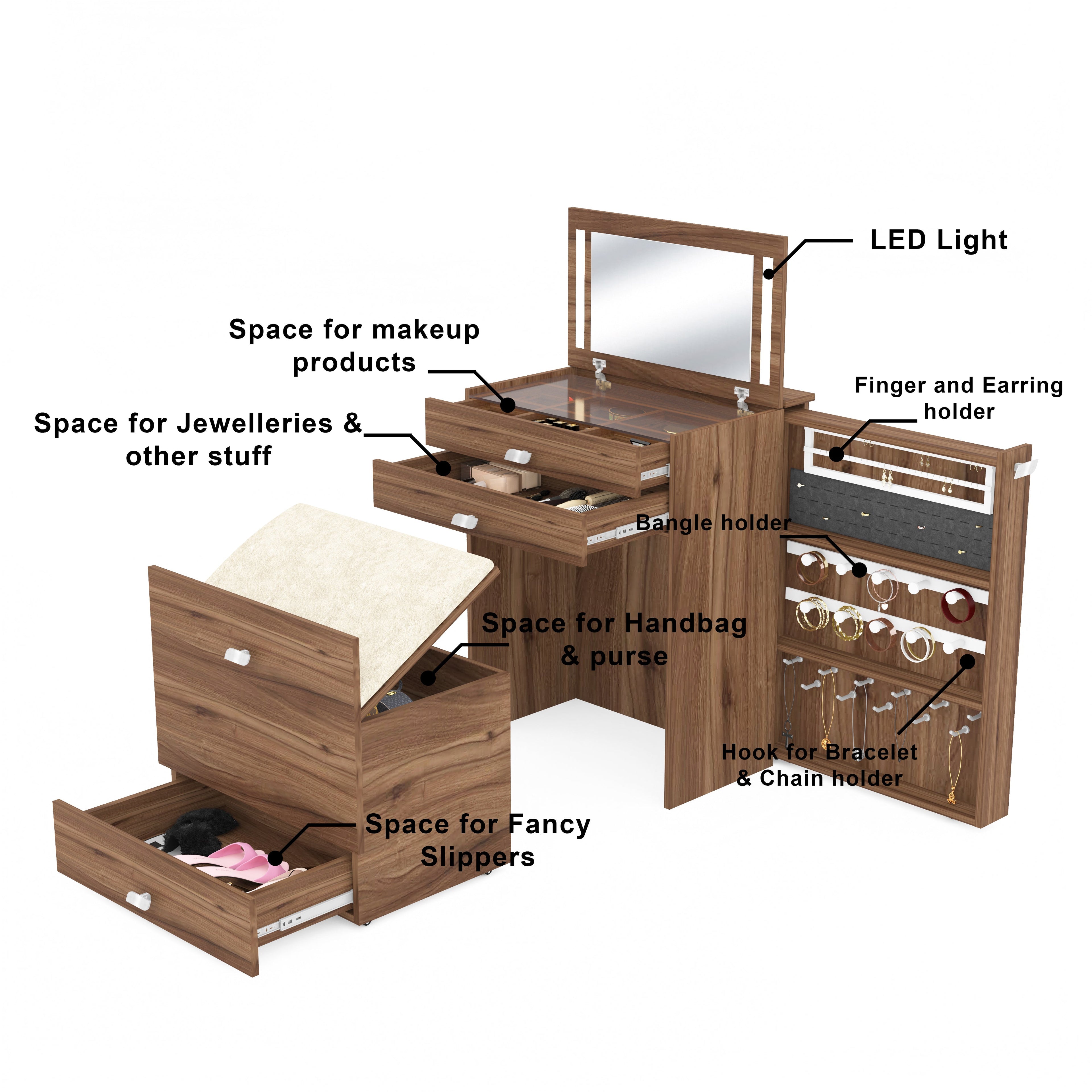 Wooden Vanity Table with Hidden Jewelry Storage, Drawers & Lift-Up Mirror (Leyon Walnut)