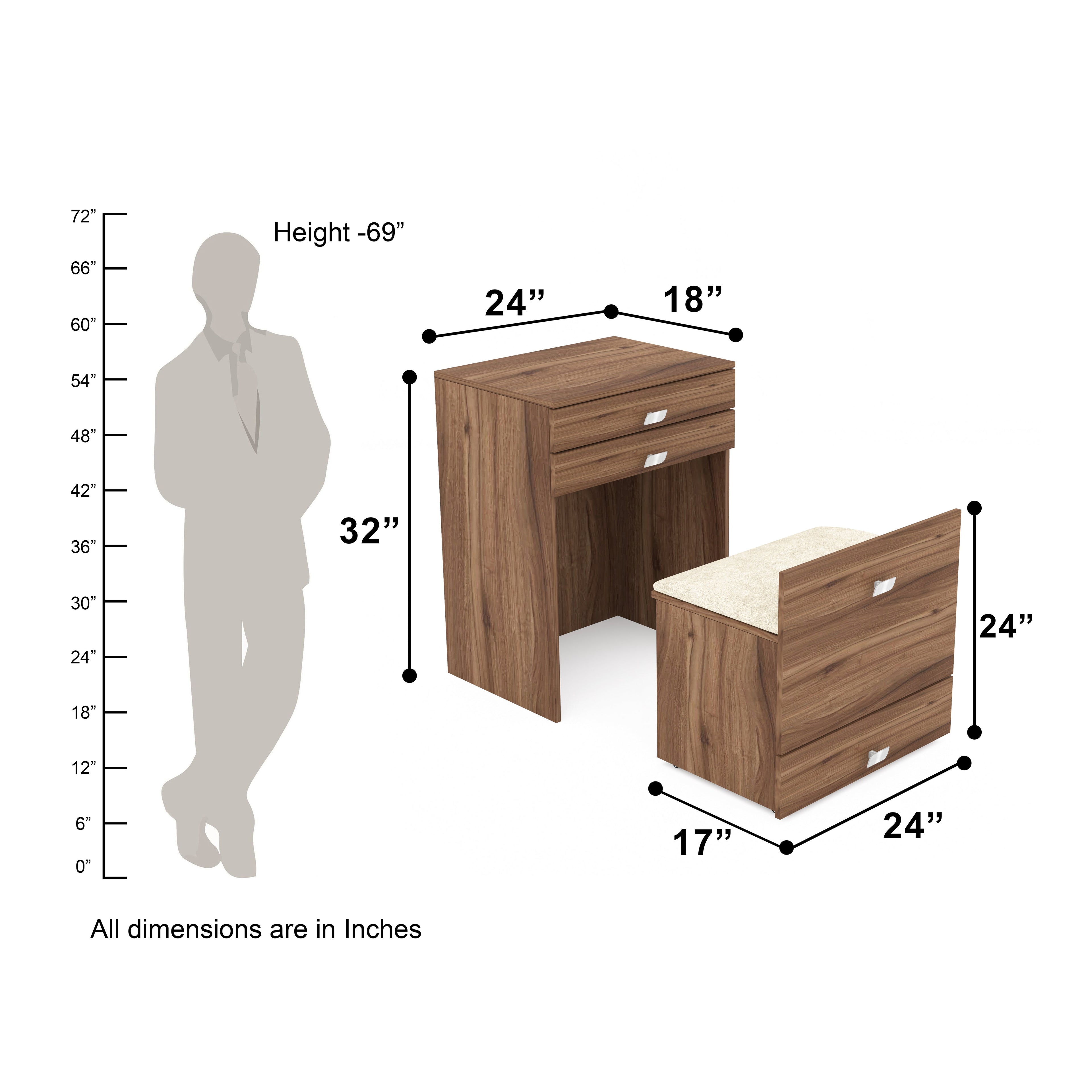 Modern Vanity Table with Hidden Jewelry Storage, Drawers & Lift-Up Mirror (Lyon Walnut)