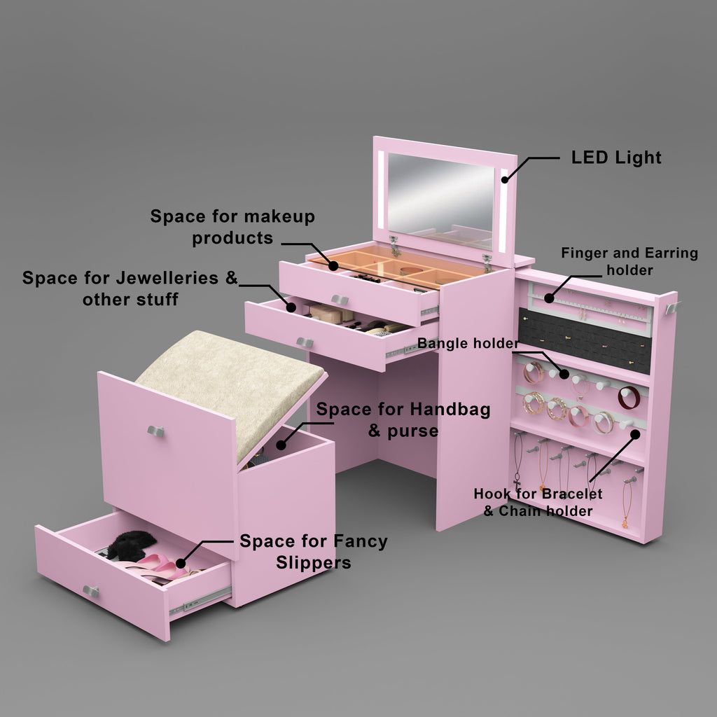 Wooden Vanity Table with Hidden Jewelry Storage, Drawers & Lift-Up Mirror (Pink)