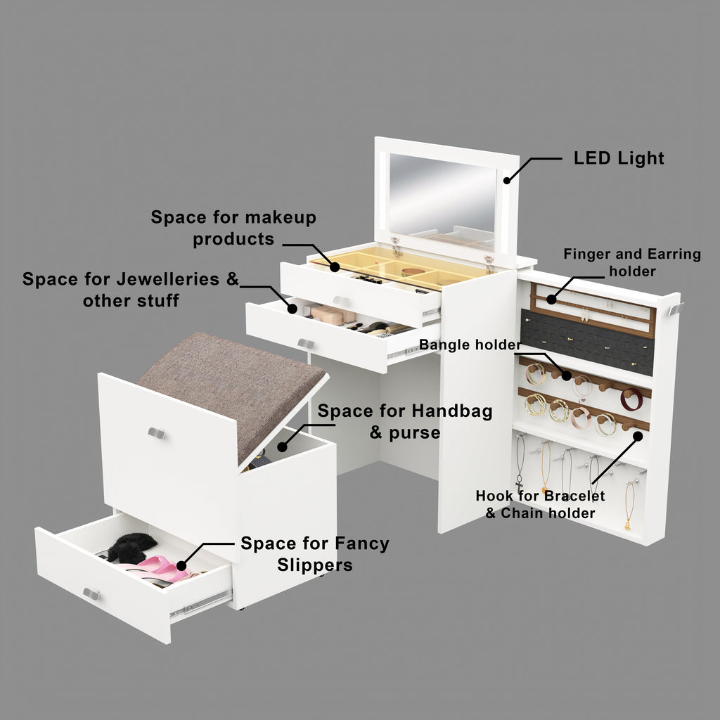 Wooden Vanity Table with Hidden Jewelry Storage, Drawers & Lift-Up Mirror (White)