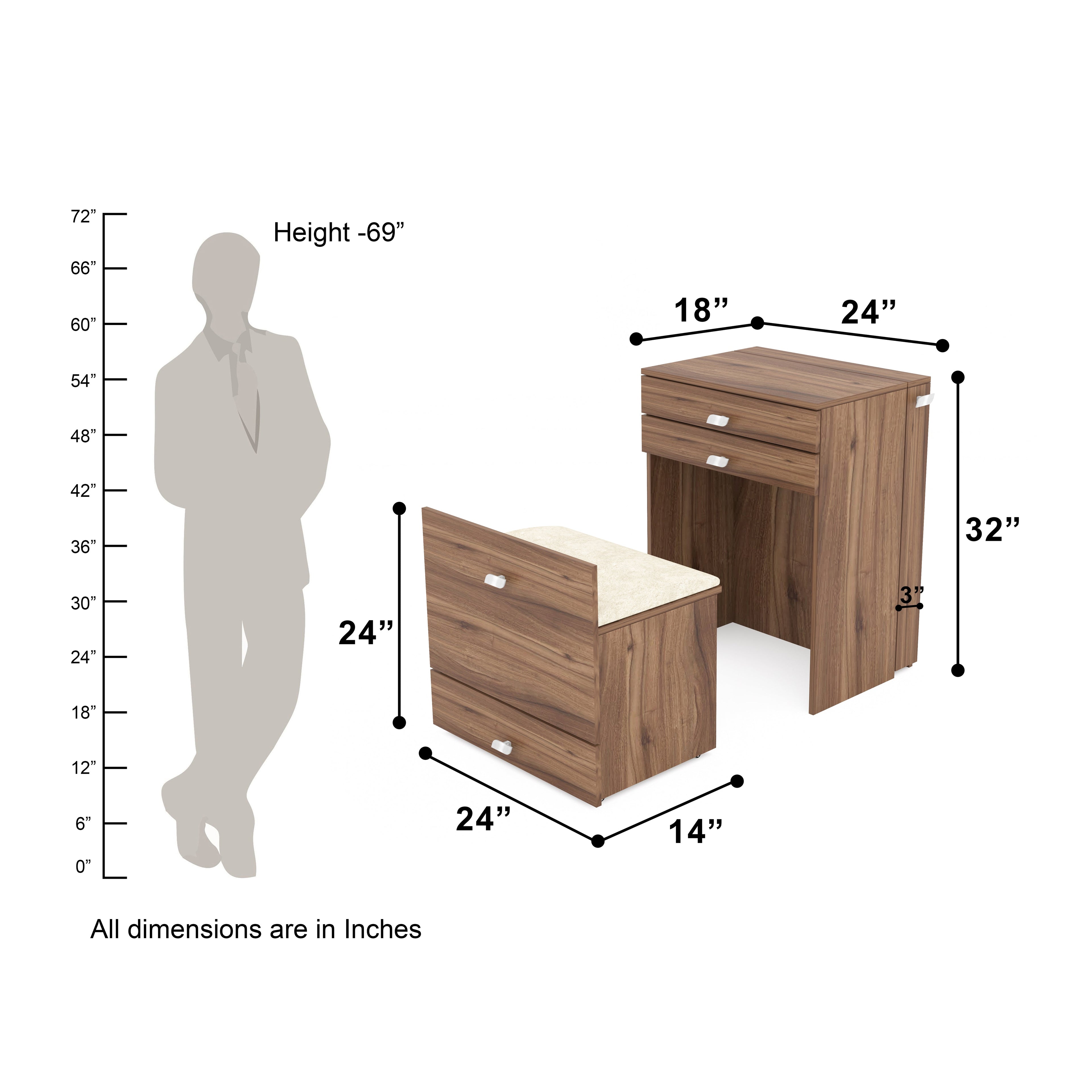 Wooden Vanity Table with Hidden Jewelry Storage, Drawers & Lift-Up Mirror (Leyon Walnut)