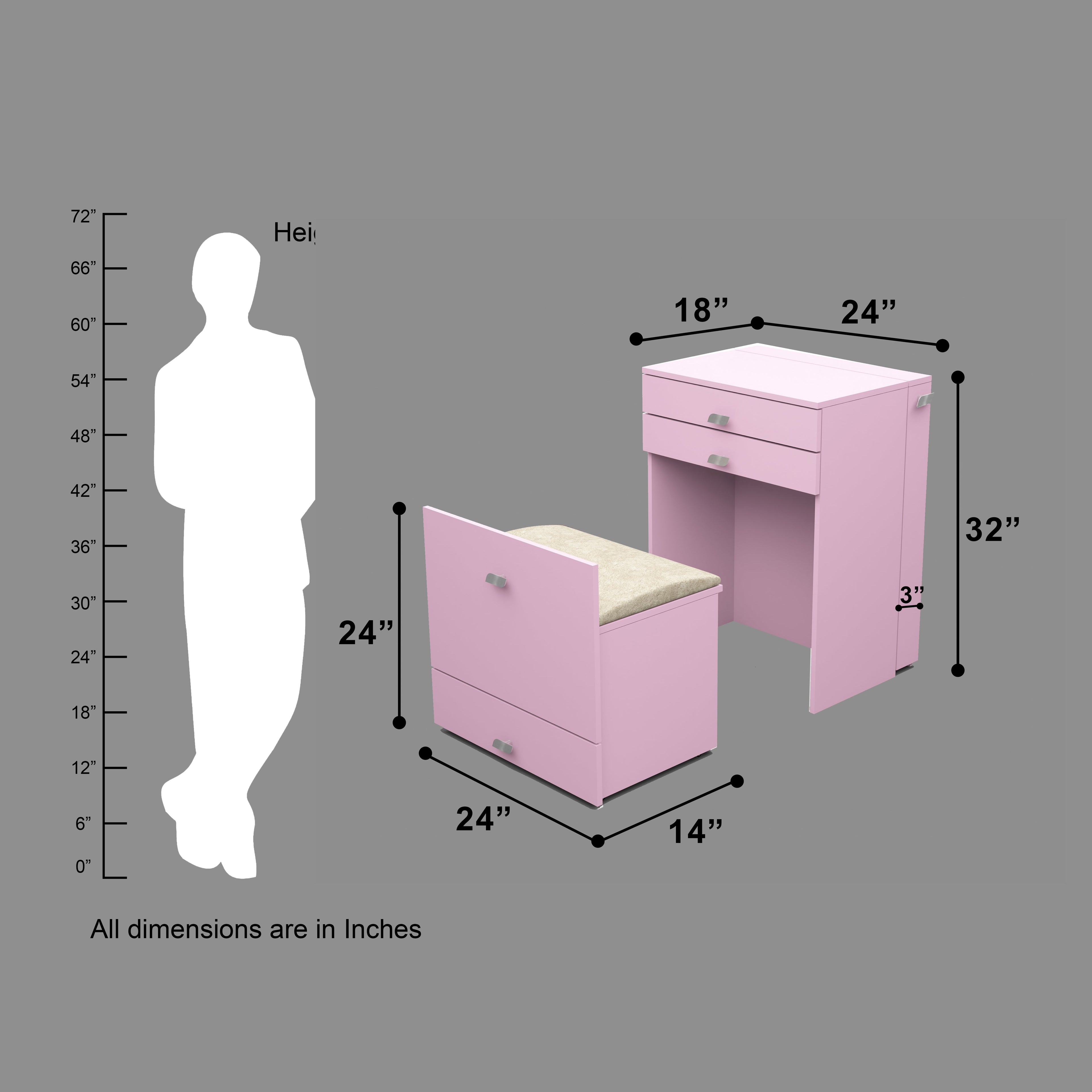 Wooden Vanity Table with Hidden Jewelry Storage, Drawers & Lift-Up Mirror (Pink)