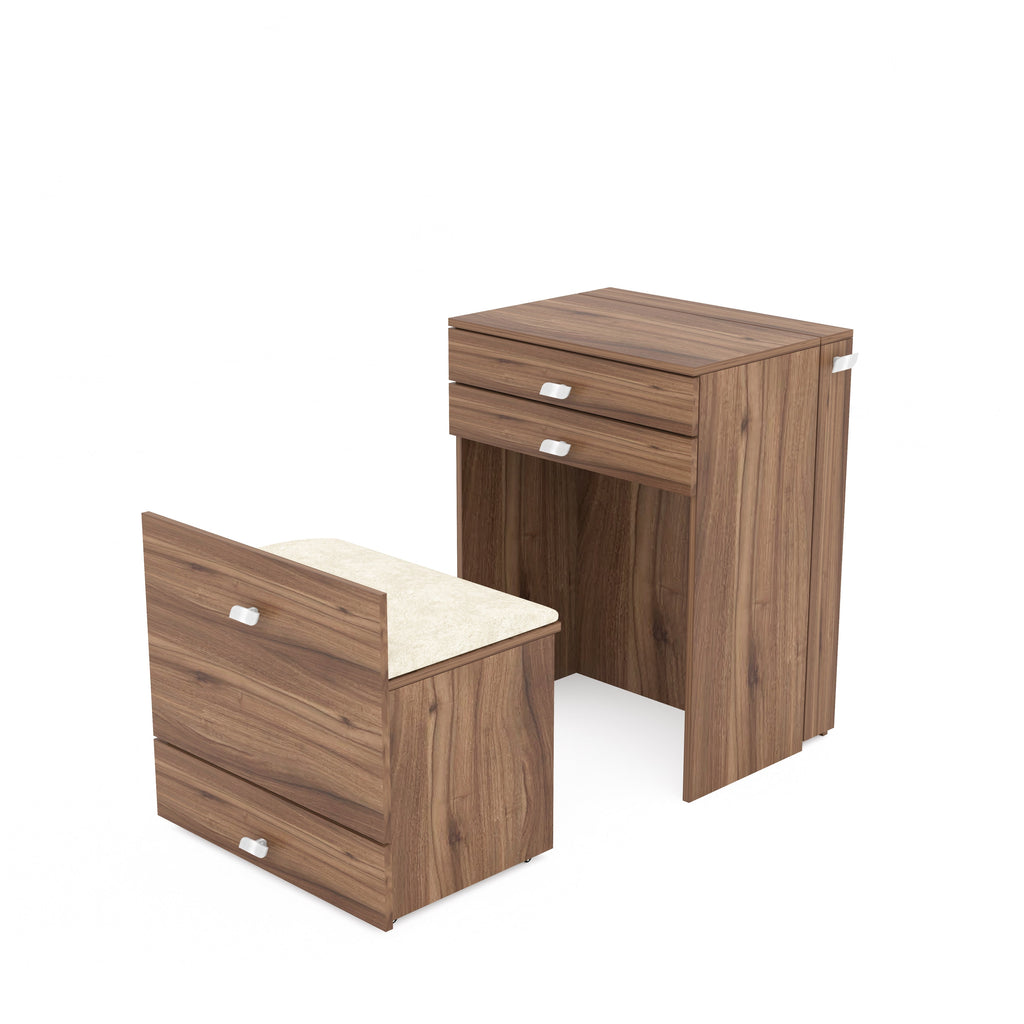 Wooden Vanity Table with Hidden Jewelry Storage, Drawers & Lift-Up Mirror (Leyon Walnut)