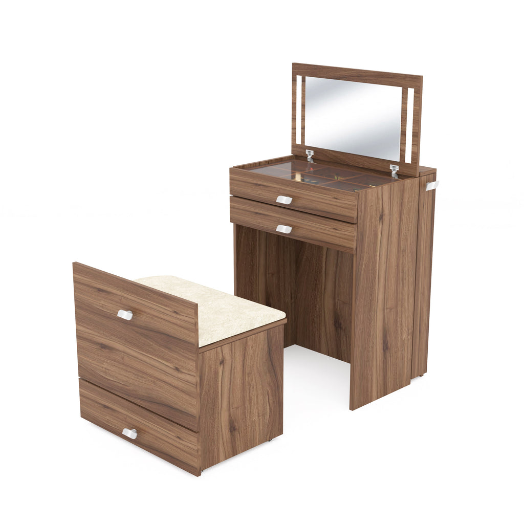 Wooden Vanity Table with Hidden Jewelry Storage, Drawers & Lift-Up Mirror (Leyon Walnut)