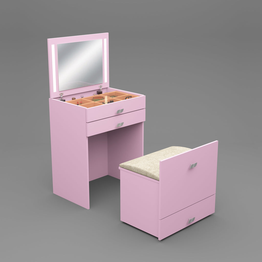 Modern Vanity Table with Hidden Jewelry Storage, Drawers & Lift-Up Mirror (Pink)