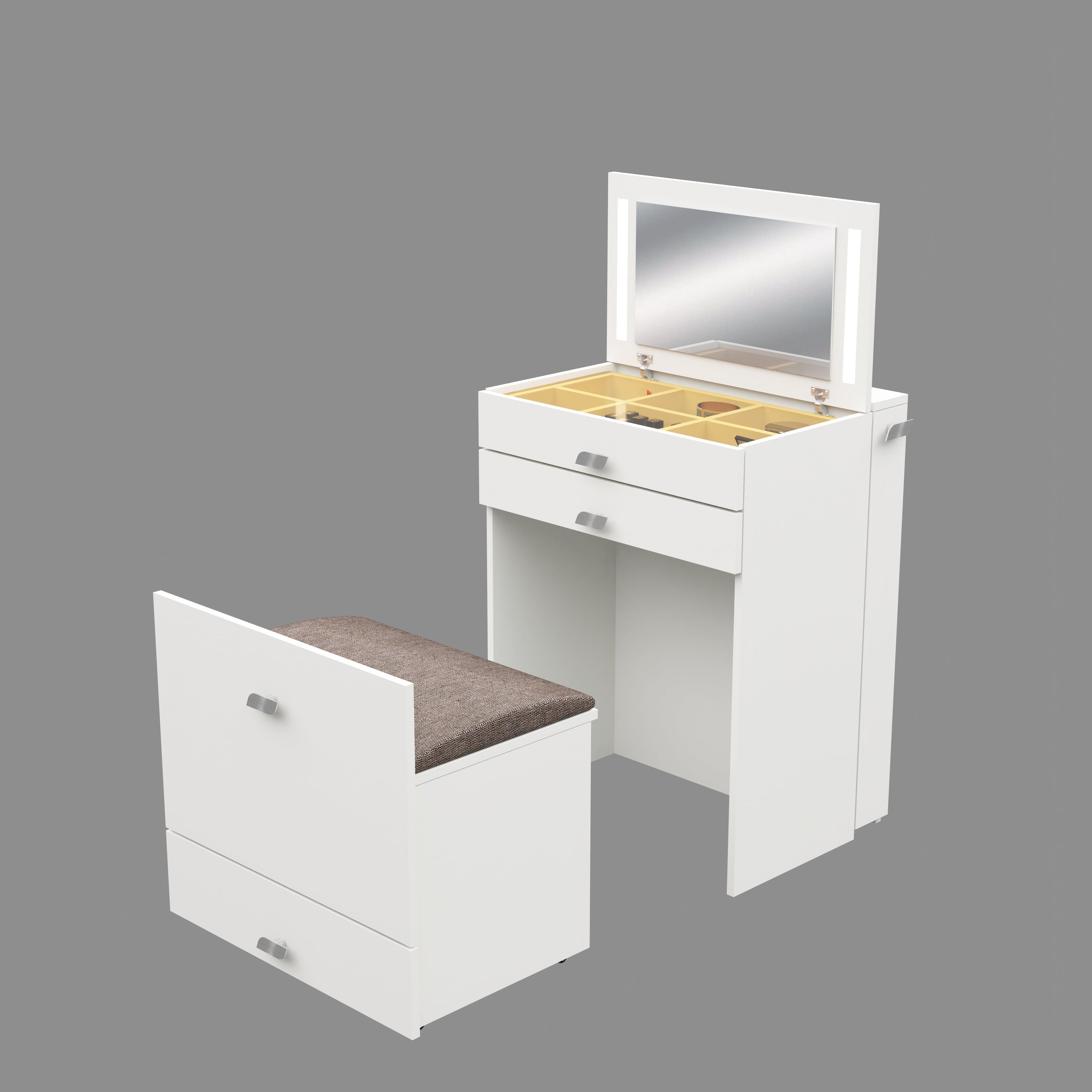 Wooden Vanity Table with Hidden Jewelry Storage, Drawers & Lift-Up Mirror (White)