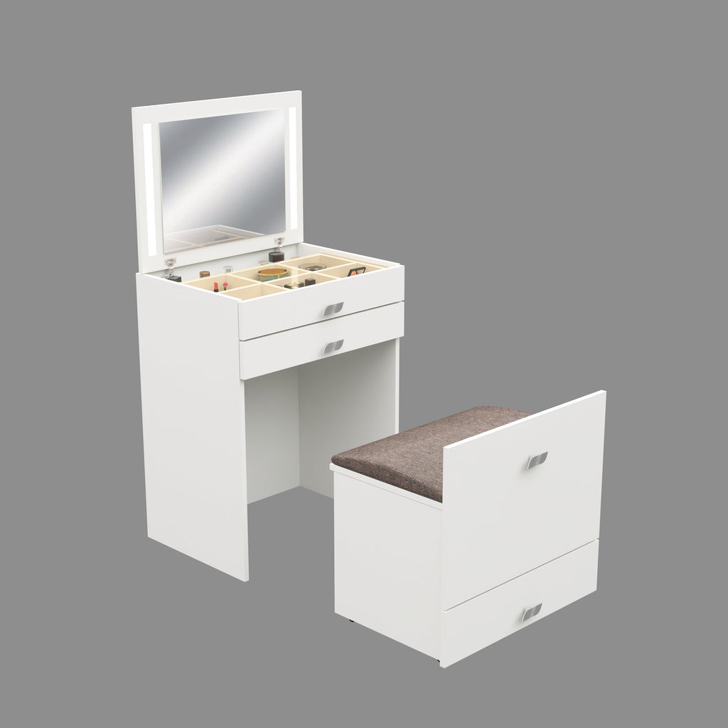 Modern Vanity Table with Hidden Jewelry Storage, Drawers & Lift-Up Mirror (White)