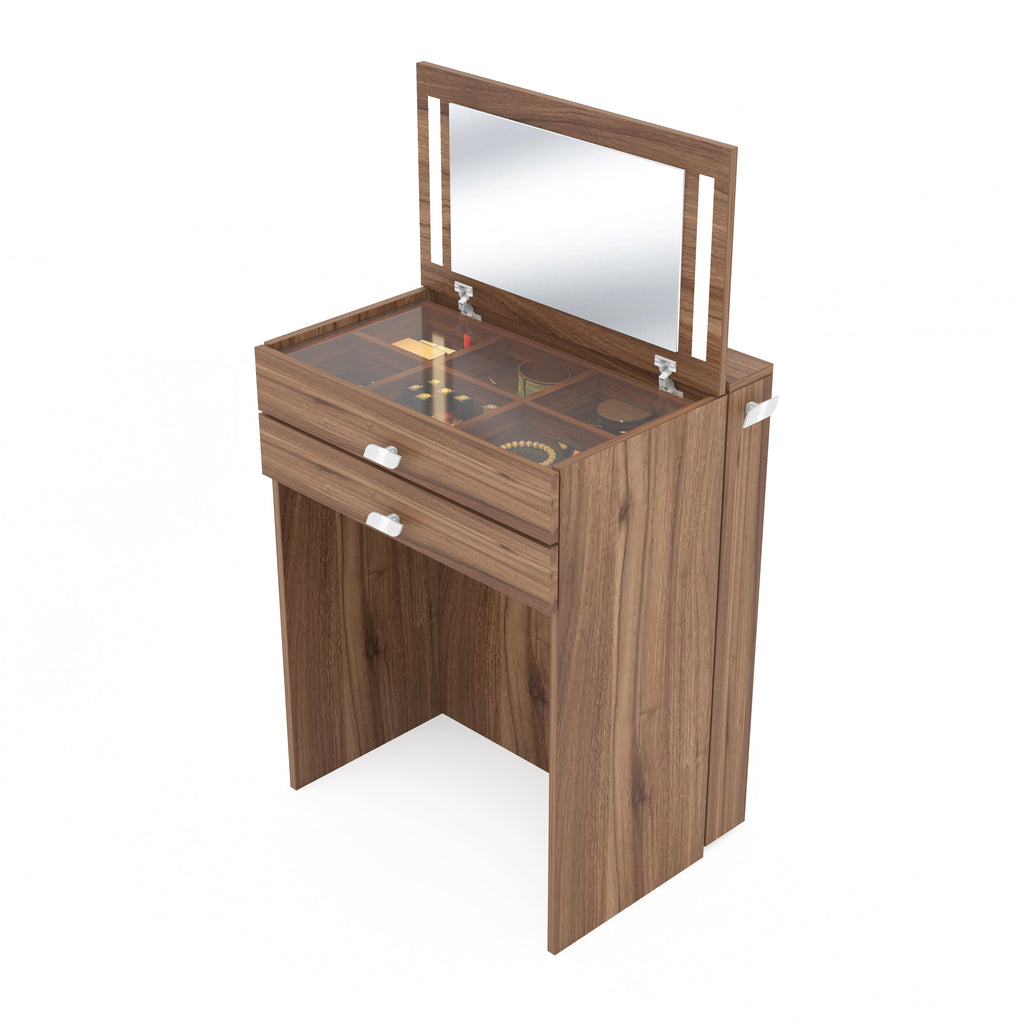 Wooden Vanity Table with Hidden Jewelry Storage, Drawers & Lift-Up Mirror (Leyon Walnut)