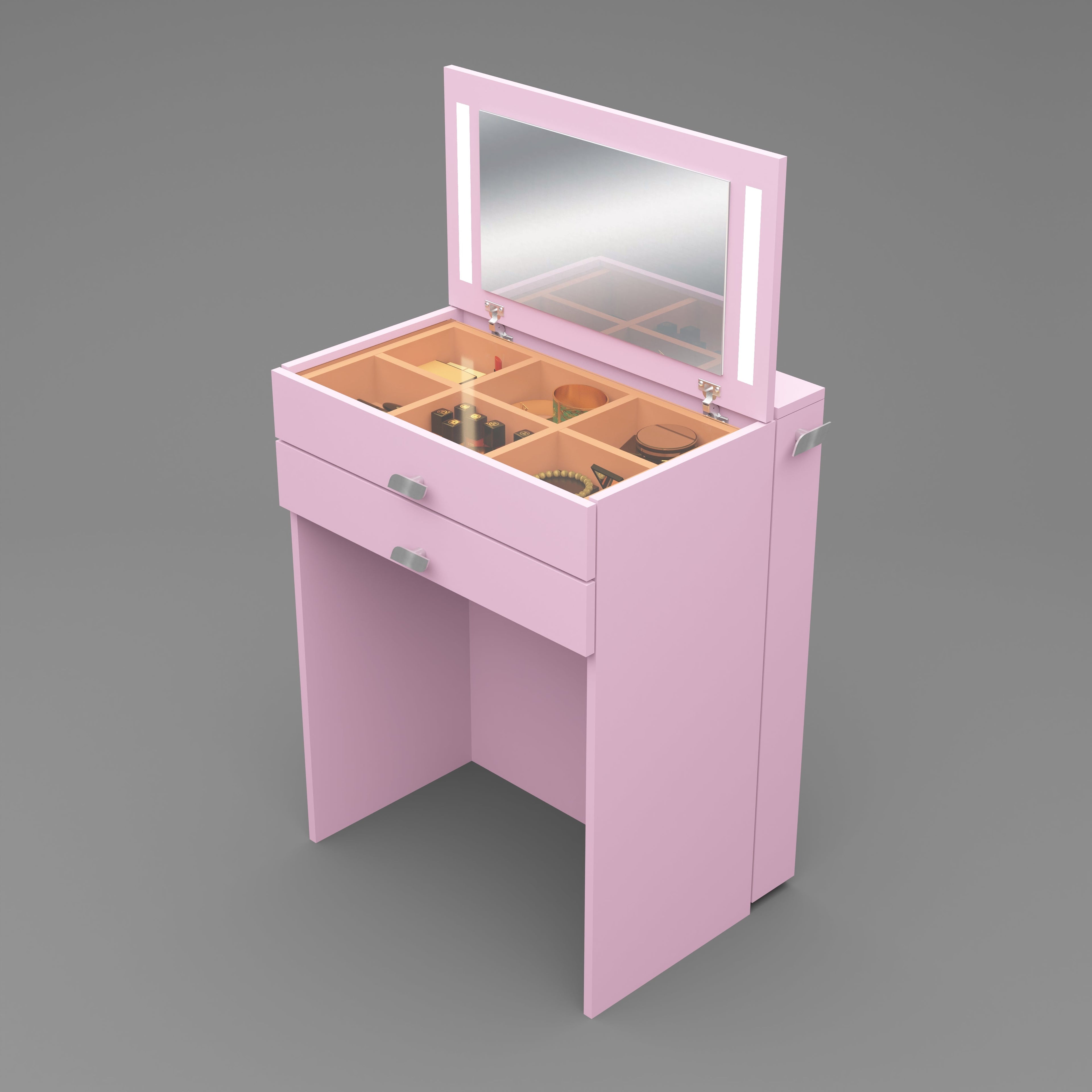 Wooden Vanity Table with Hidden Jewelry Storage, Drawers & Lift-Up Mirror (Pink)