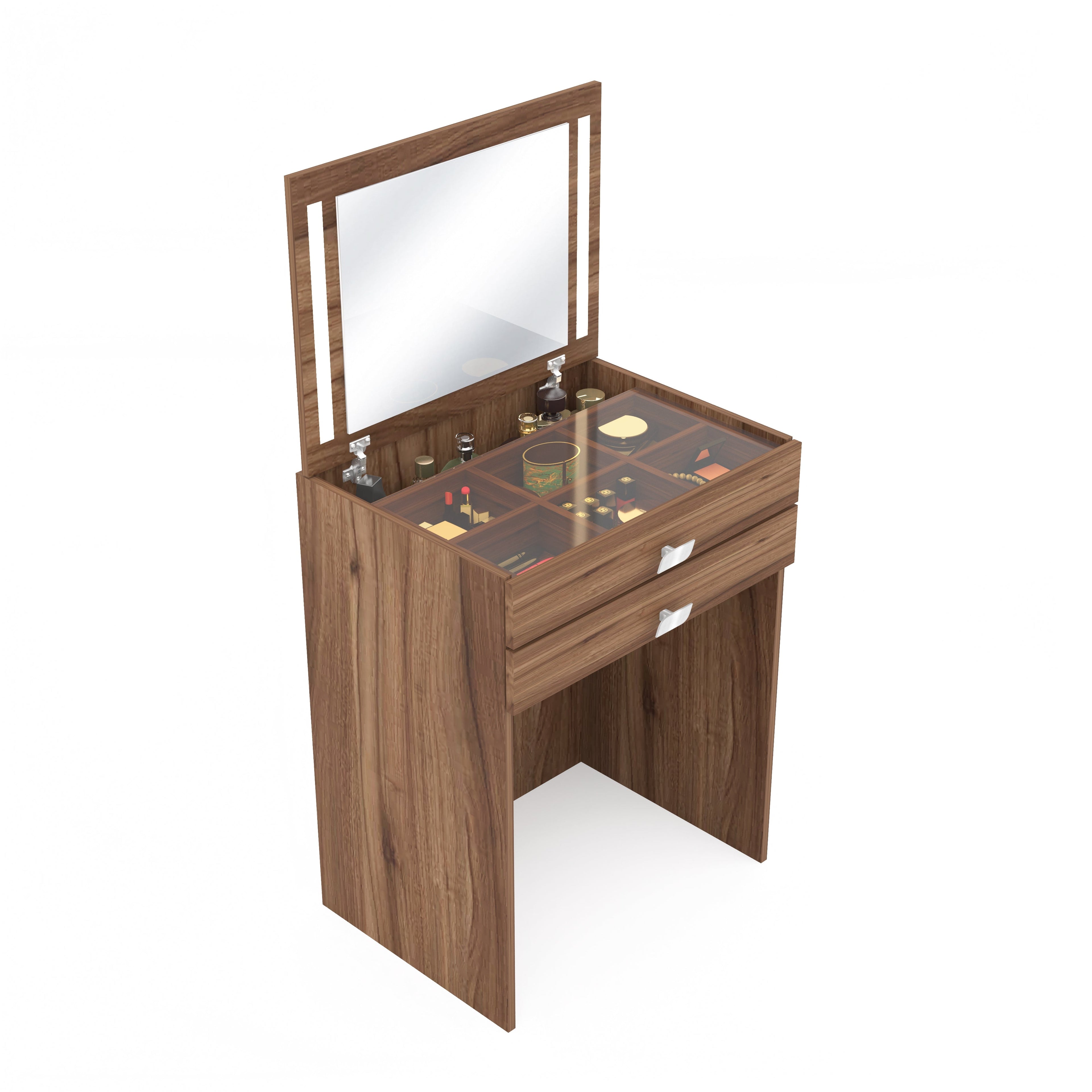 Modern Vanity Table with Hidden Jewelry Storage, Drawers & Lift-Up Mirror (Lyon Walnut)