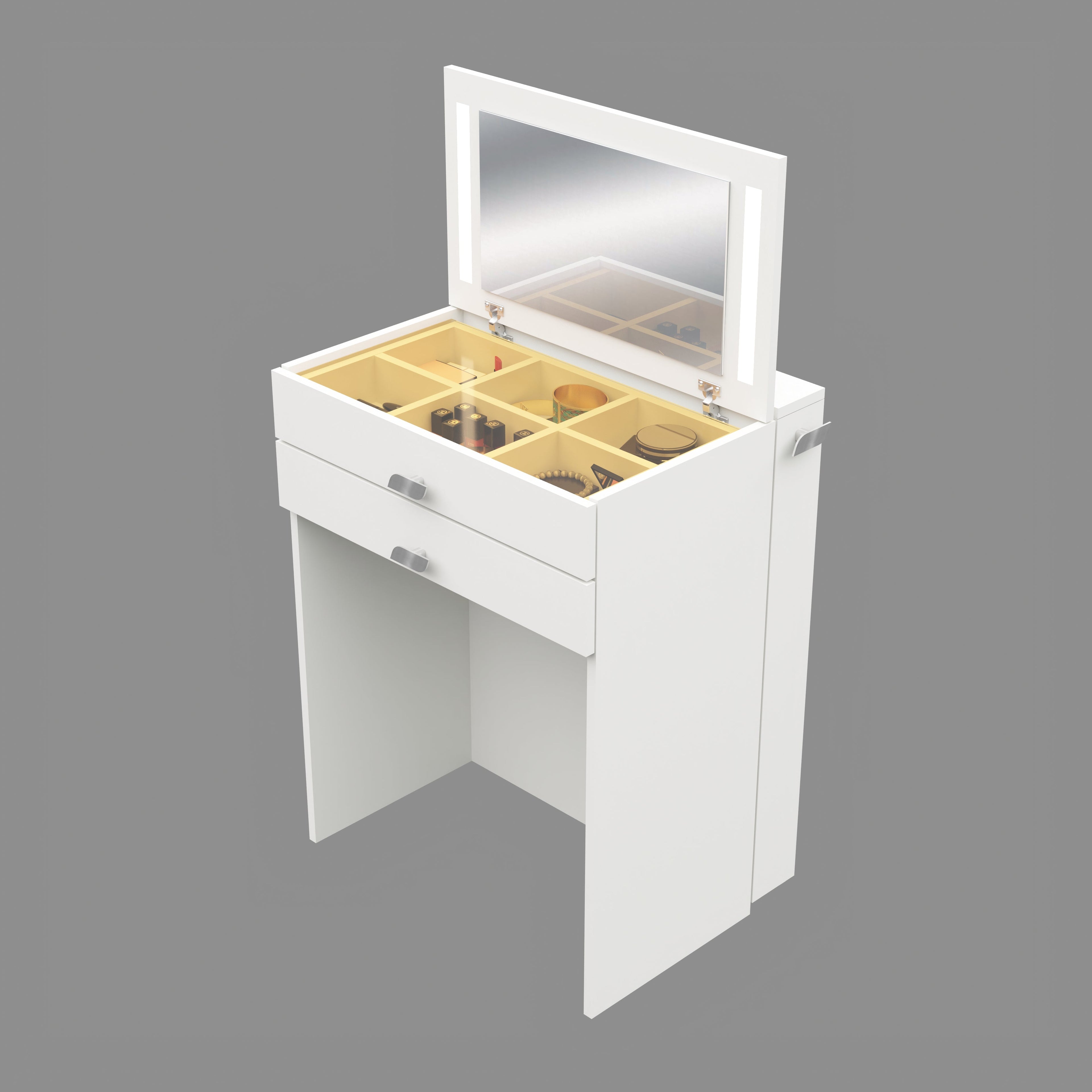 Wooden Vanity Table with Hidden Jewelry Storage, Drawers & Lift-Up Mirror (White)