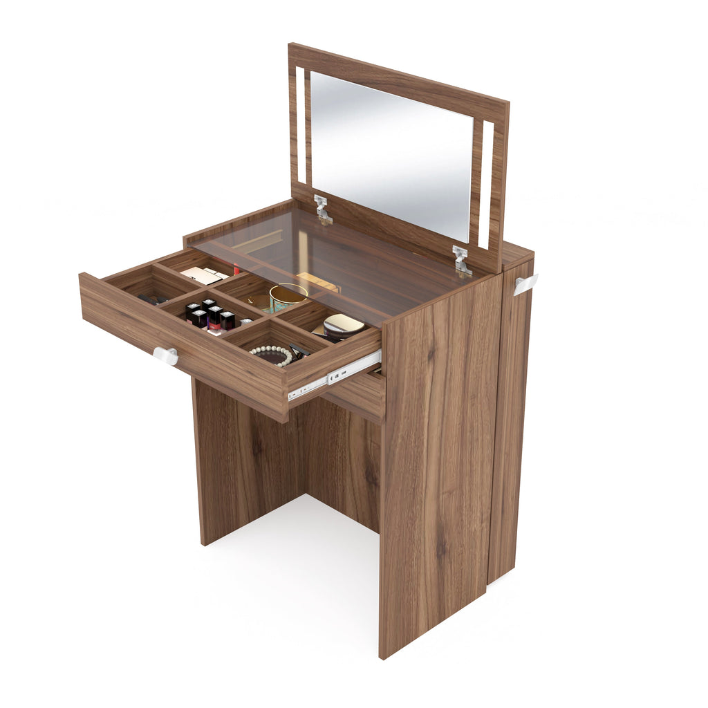 Wooden Vanity Table with Hidden Jewelry Storage, Drawers & Lift-Up Mirror (Leyon Walnut)